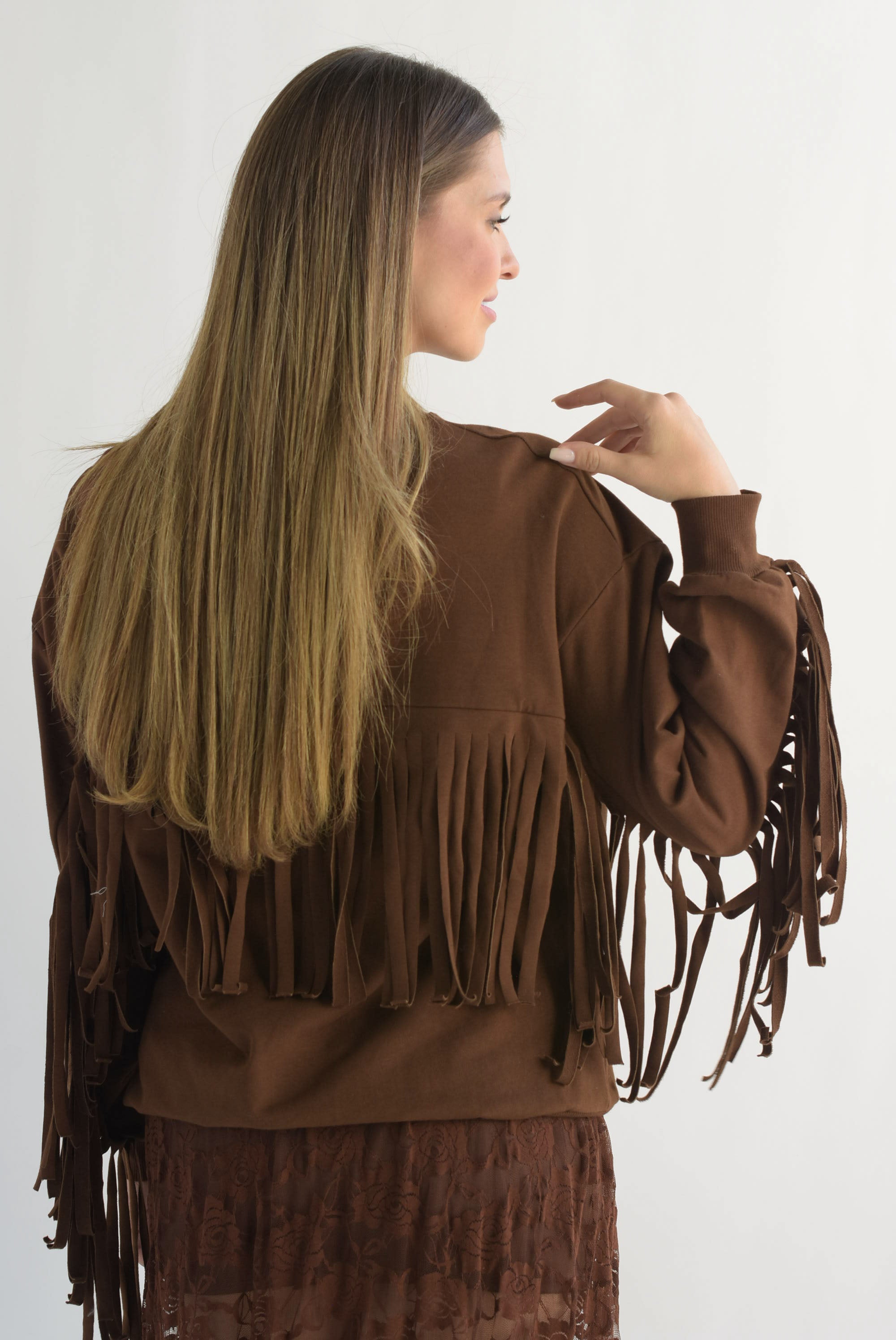 Sudadera flecos cowboy Café