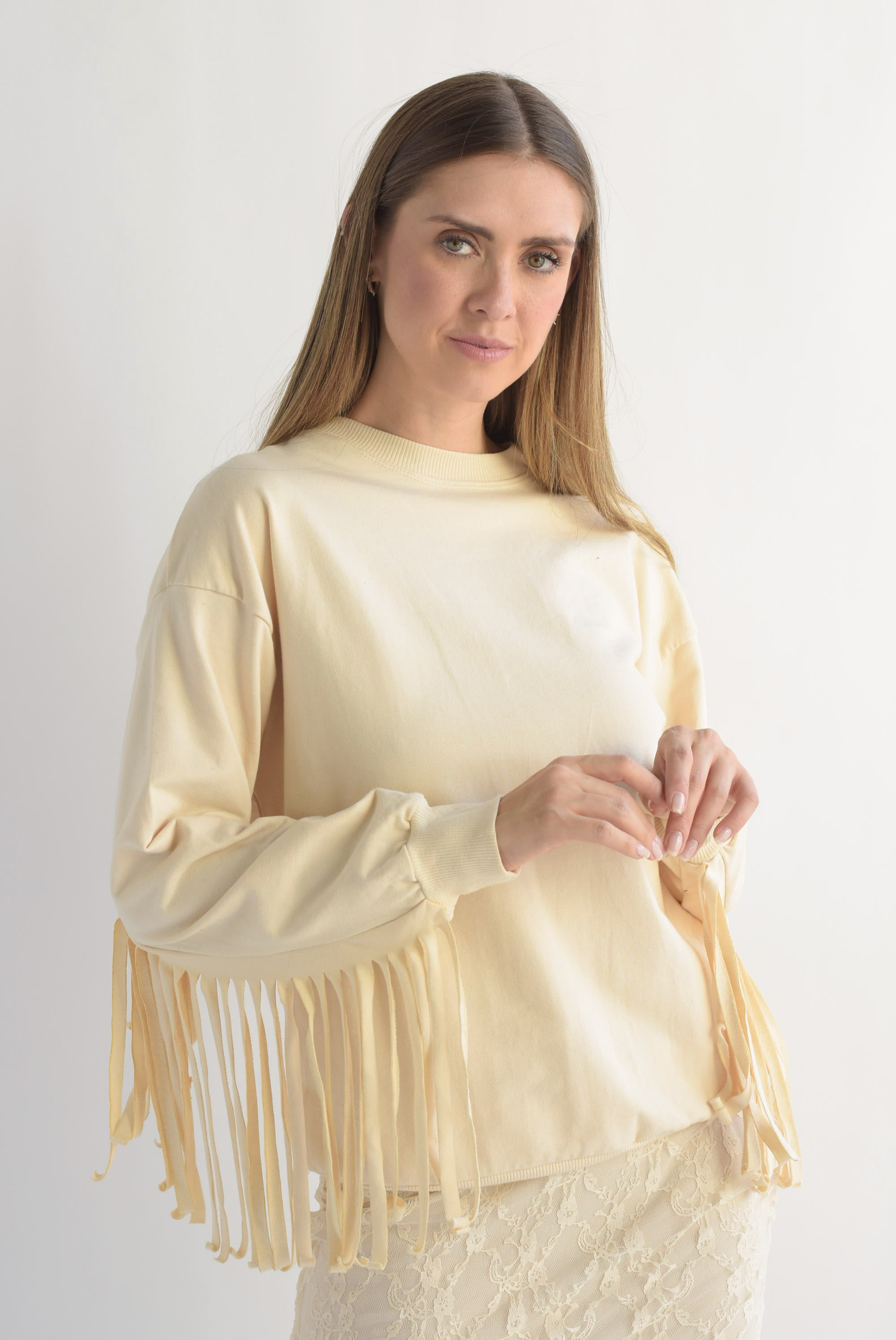 Sudadera flecos cowboy Beige