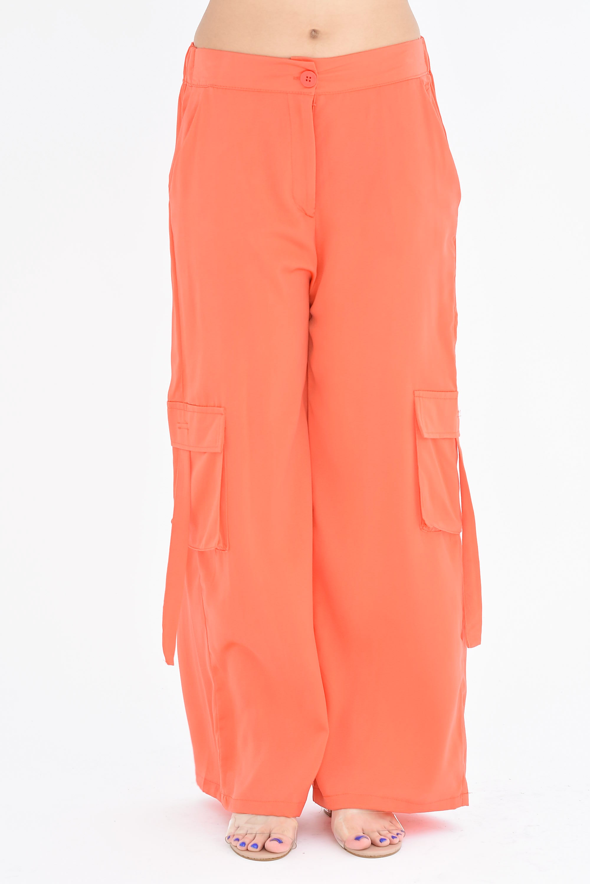 Pantalón pierna ancha satín cargo Naranja
