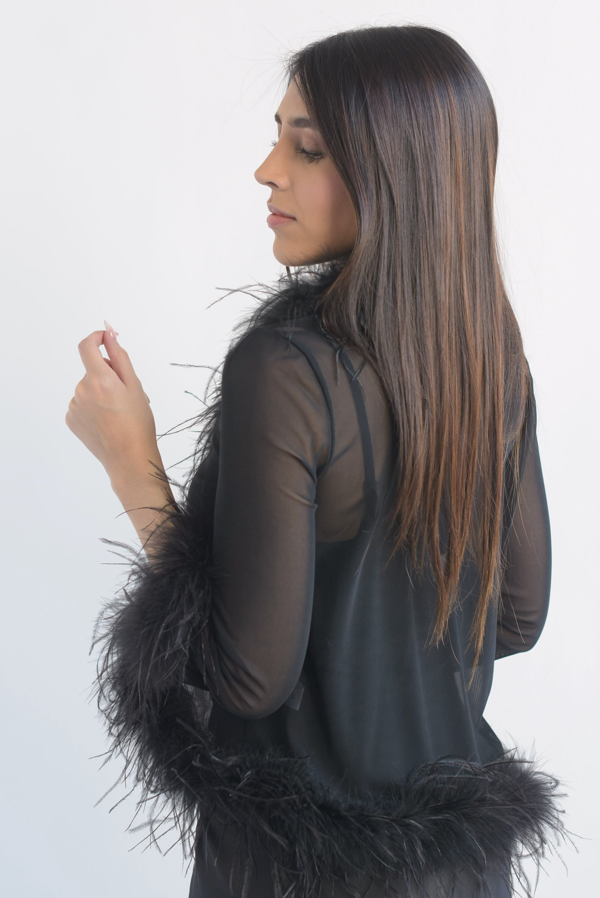 Blusa mesh filo plumas