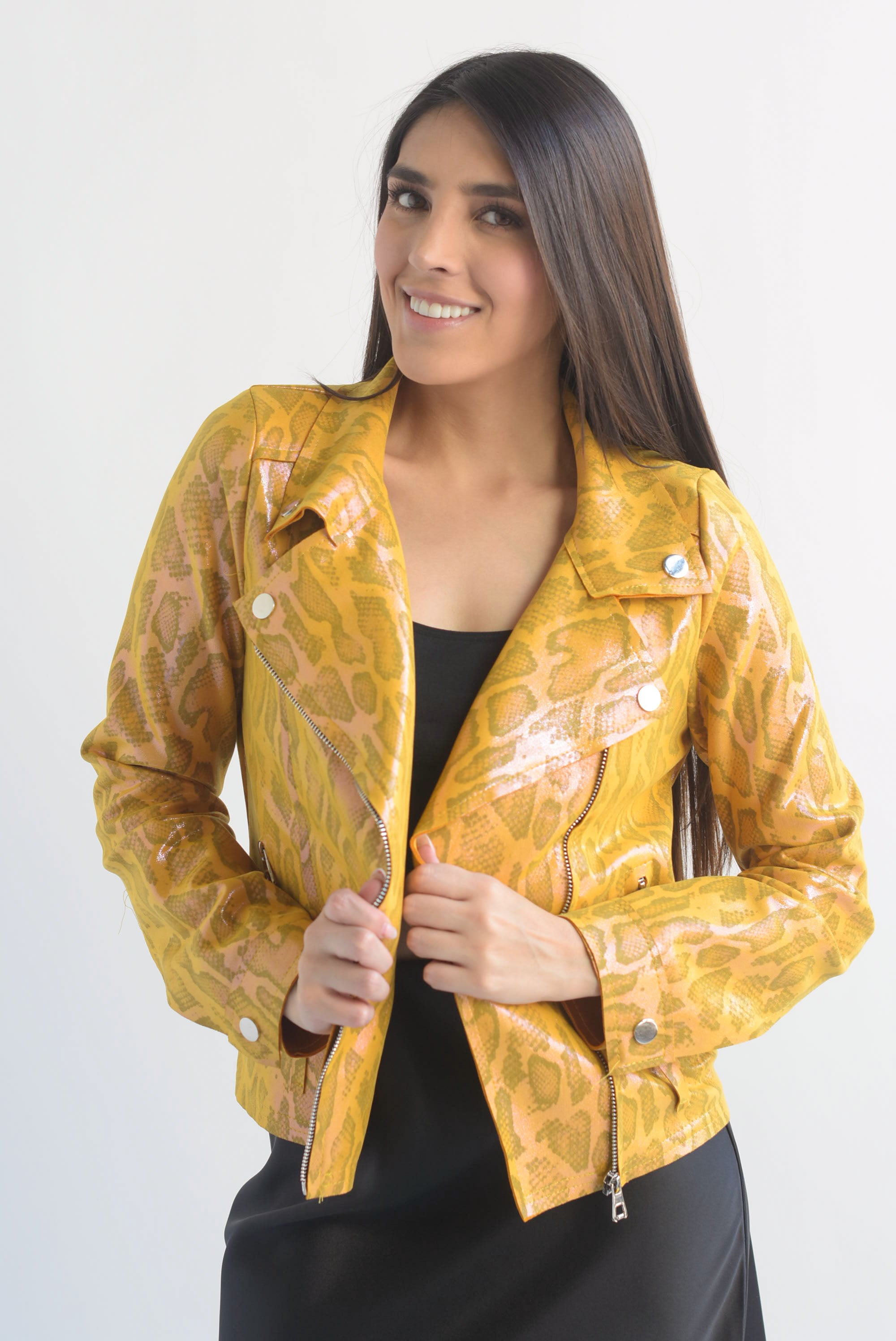 Chamarra biker suede snake print foil