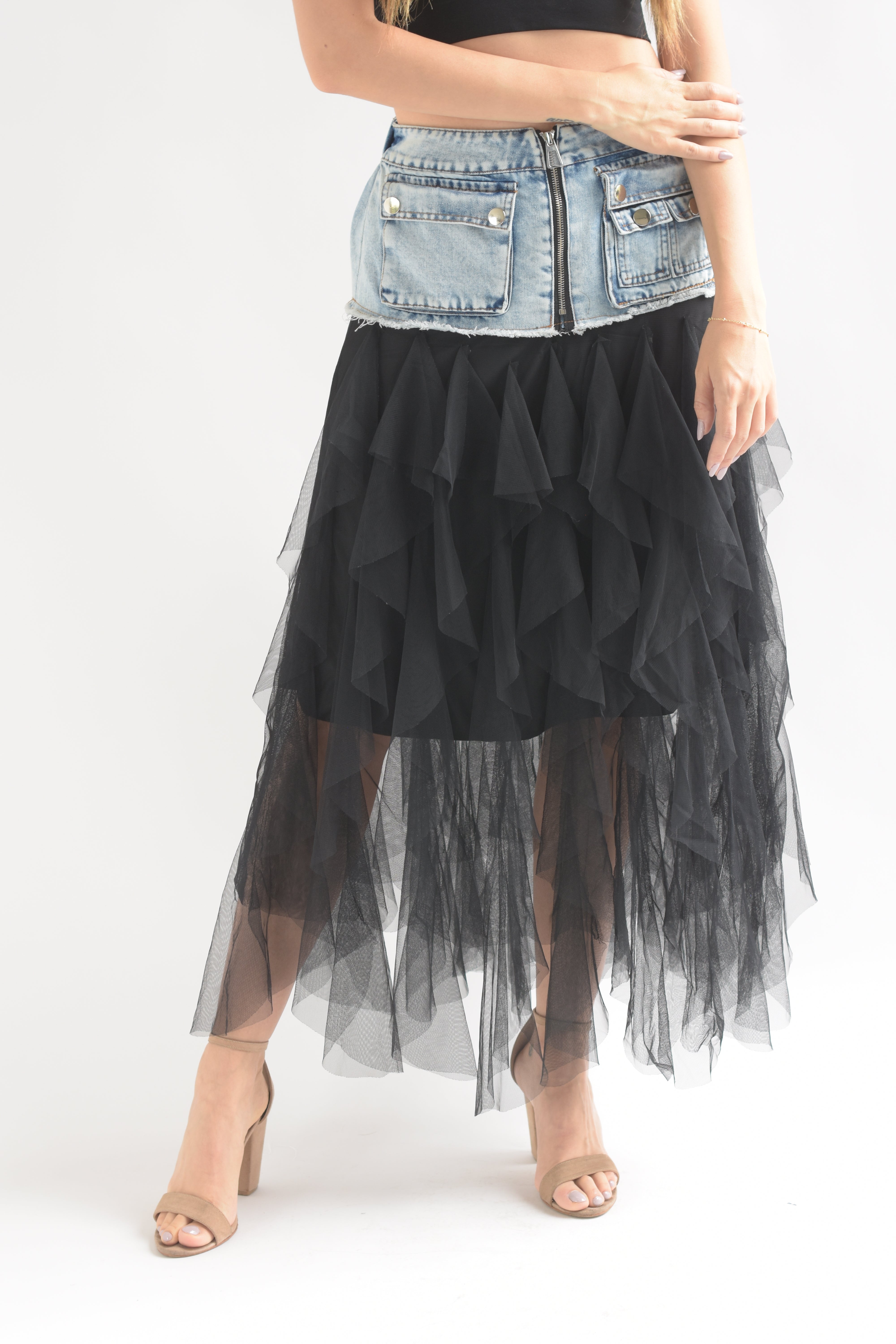 Falda tulle en capas, pretina Denim Negra