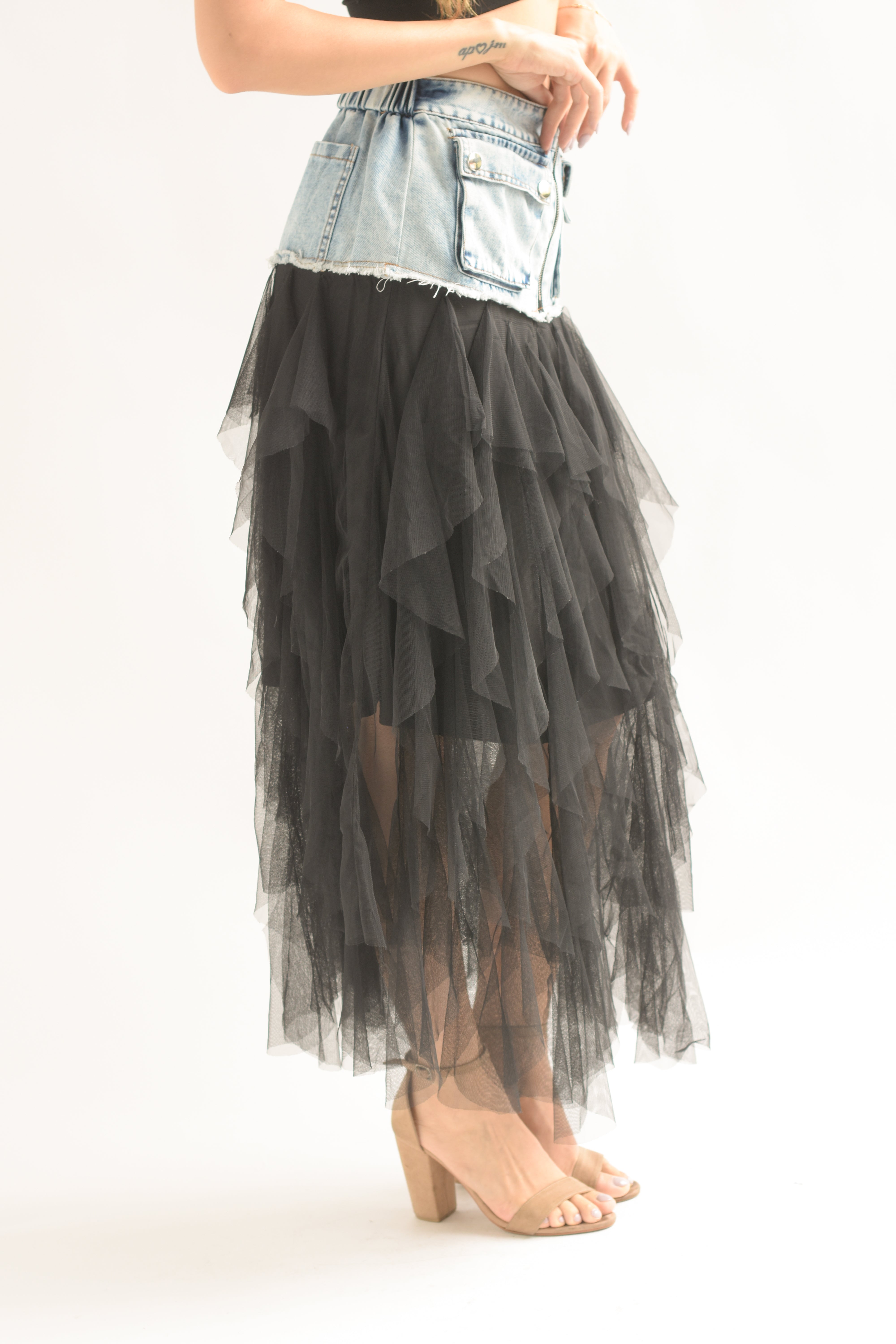 Falda tulle en capas, pretina Denim Negra