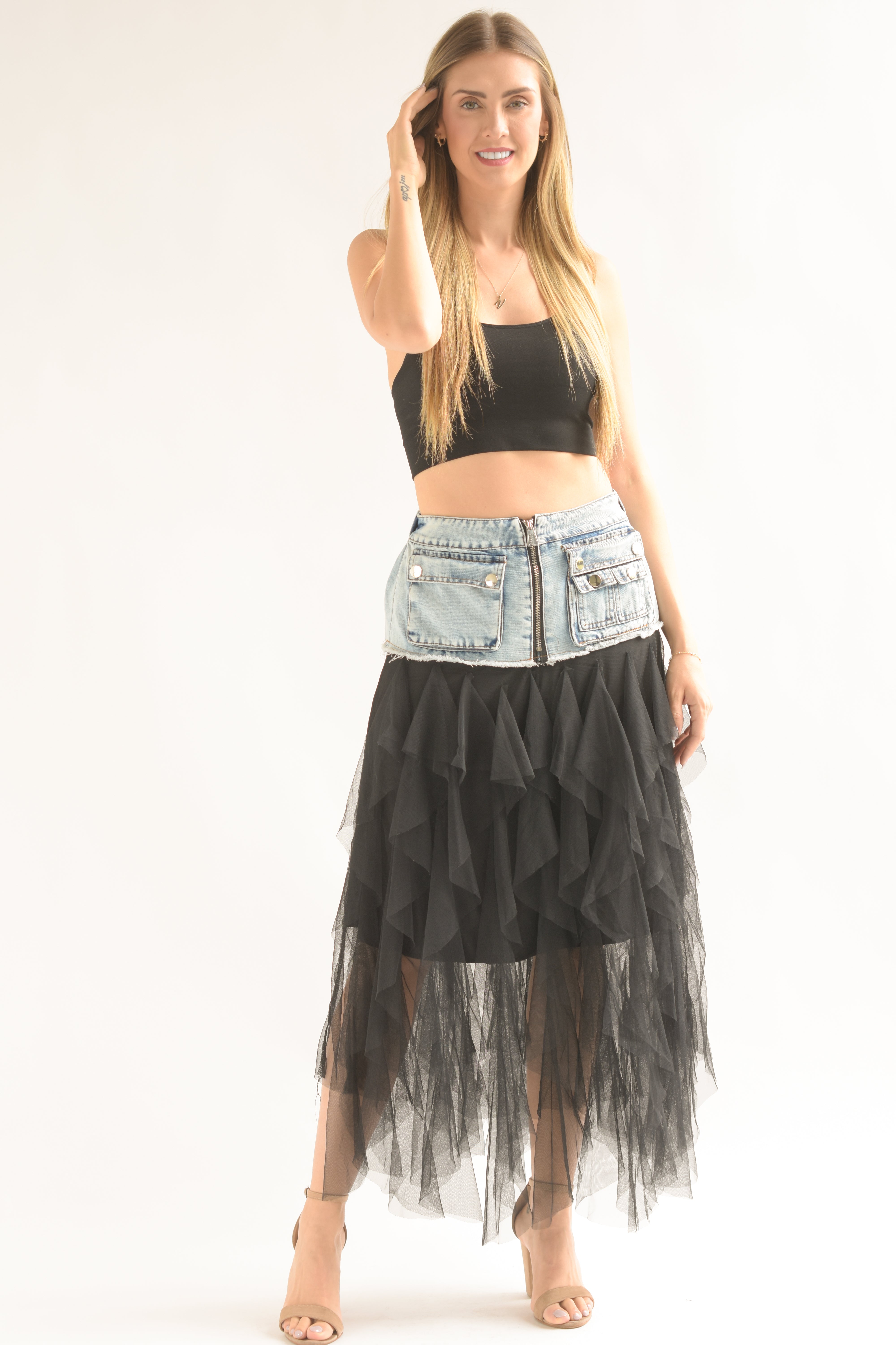 Falda tulle en capas, pretina Denim Negra