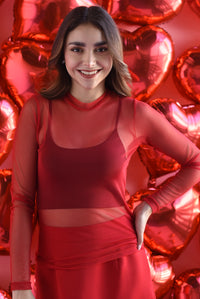 Fashion Styled Blusa mesh manga larga Rojo