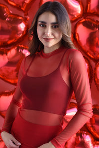 Fashion Styled Blusa mesh manga larga Rojo