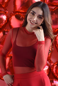 Fashion Styled Blusa mesh manga larga Rojo