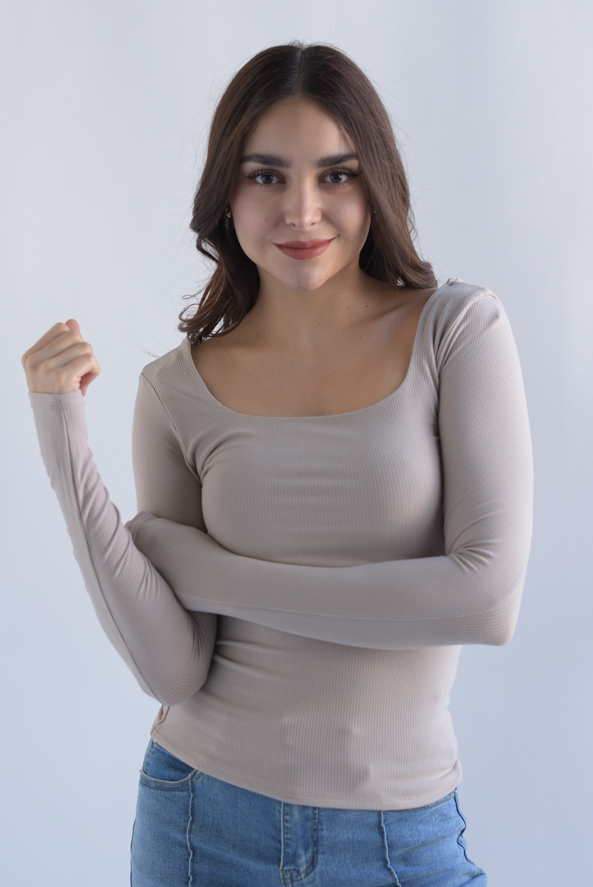 Blusa canalé cuello cuadrado Beige