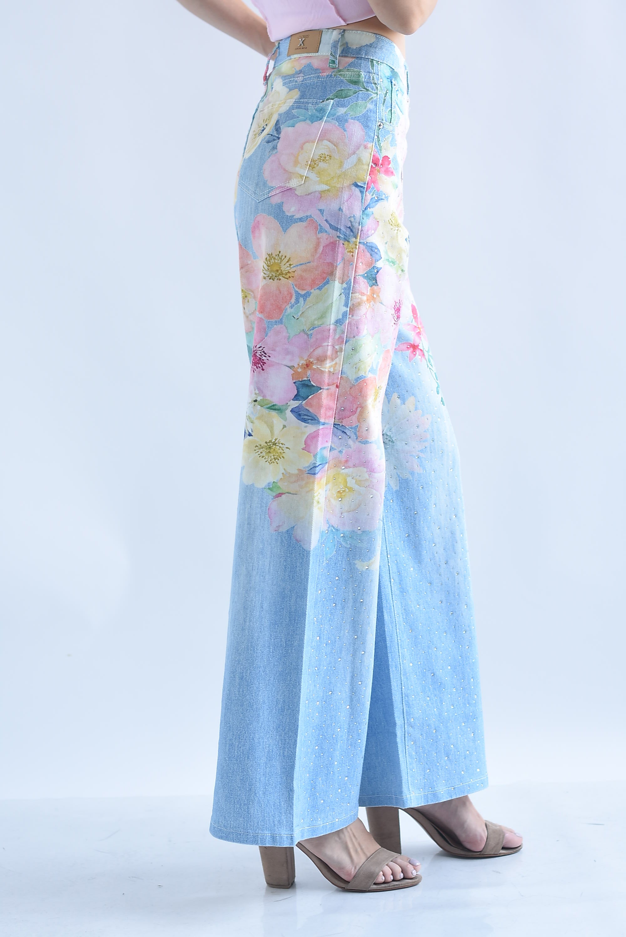 Jeans flores acuarela brillos