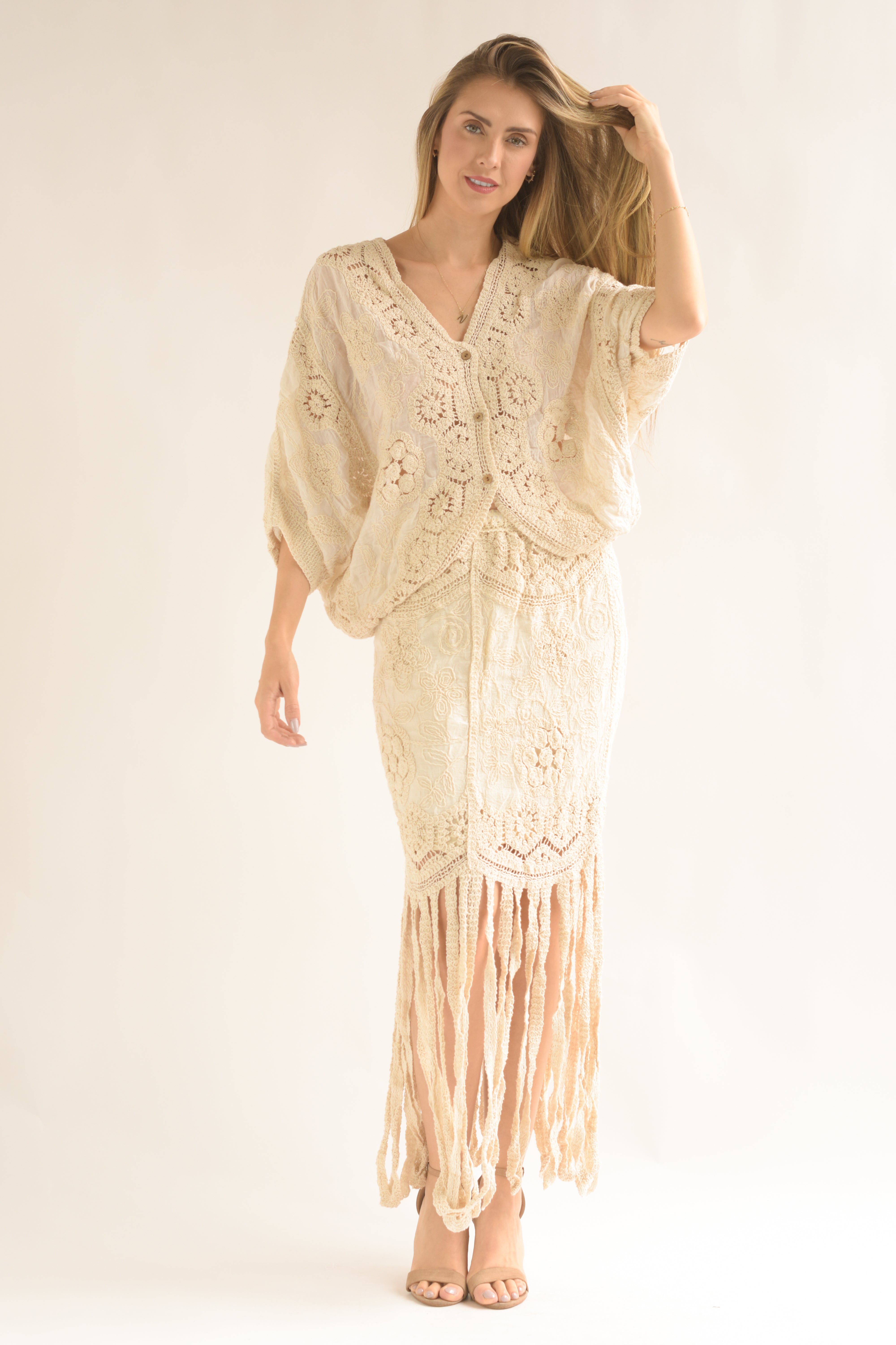 Set Falda flecos y Blusa crochet Crudo