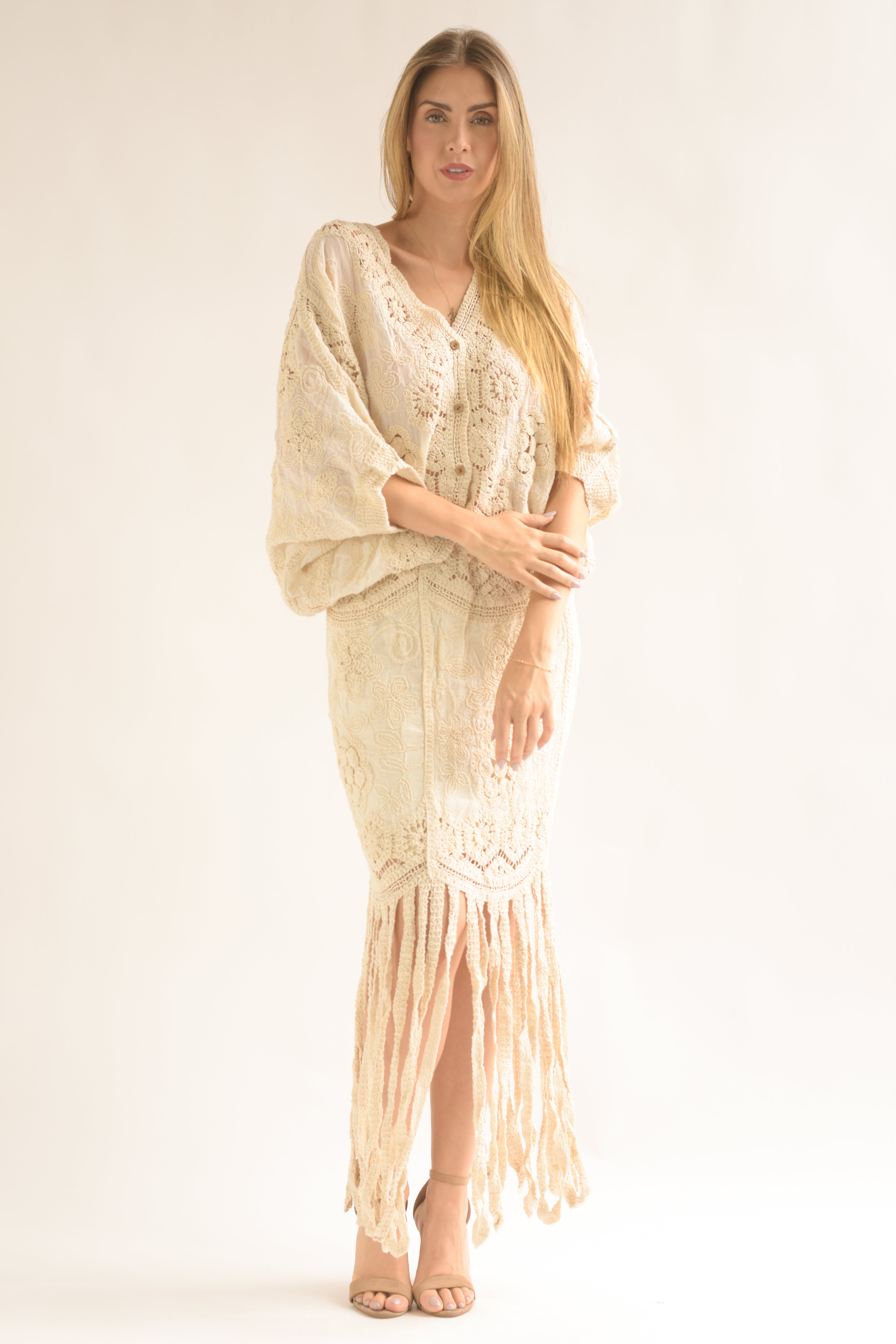 Set Falda flecos y Blusa crochet Crudo