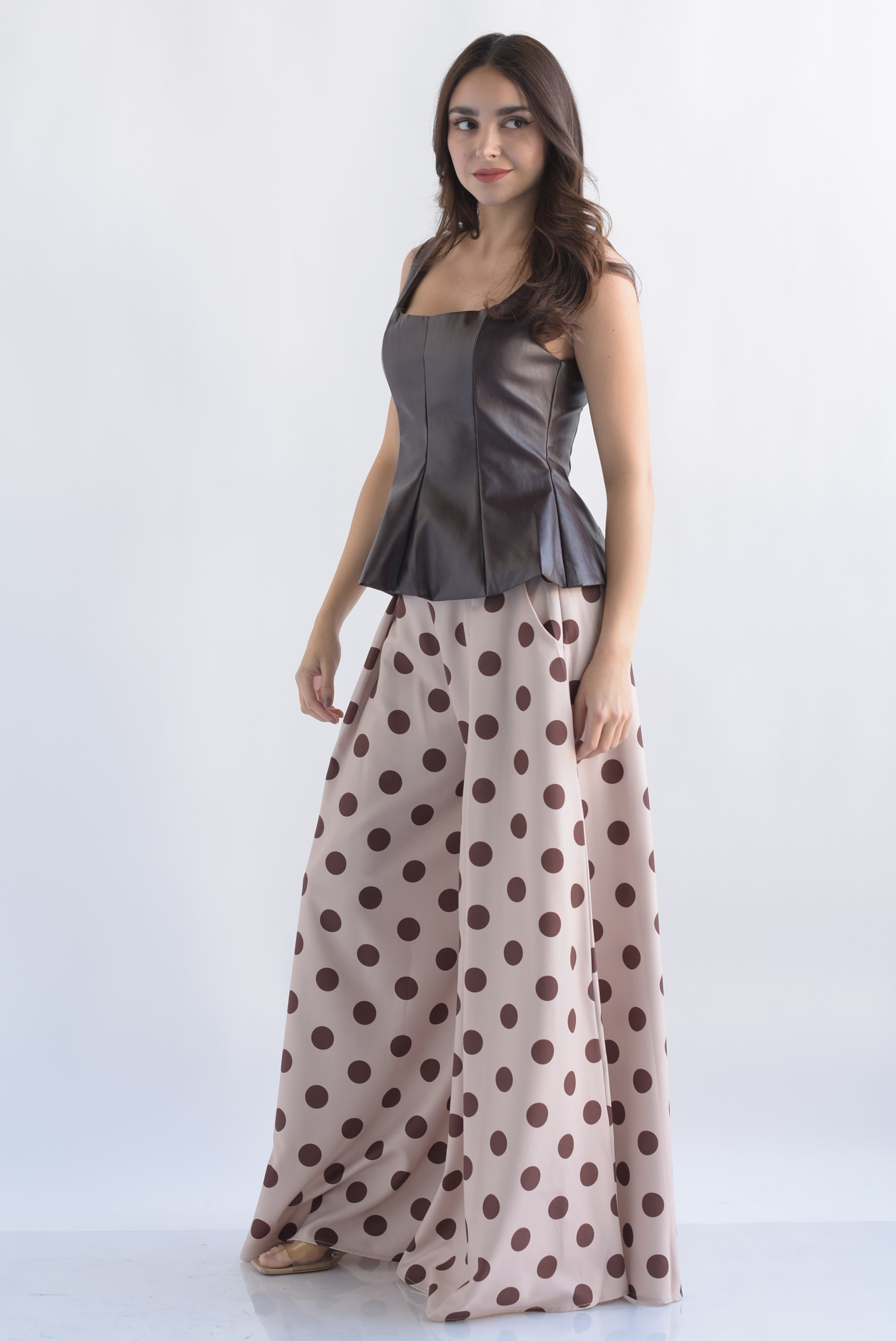 Pantalón sastre pata de elefante polka dots Moka