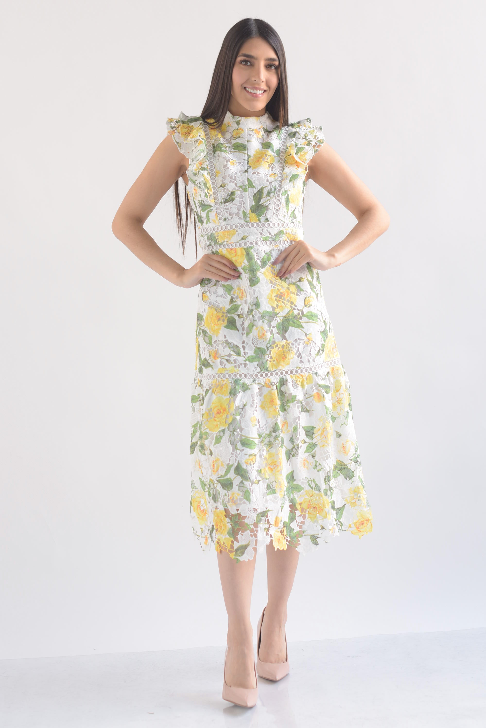 Vestido encaje guipur flores amarillas