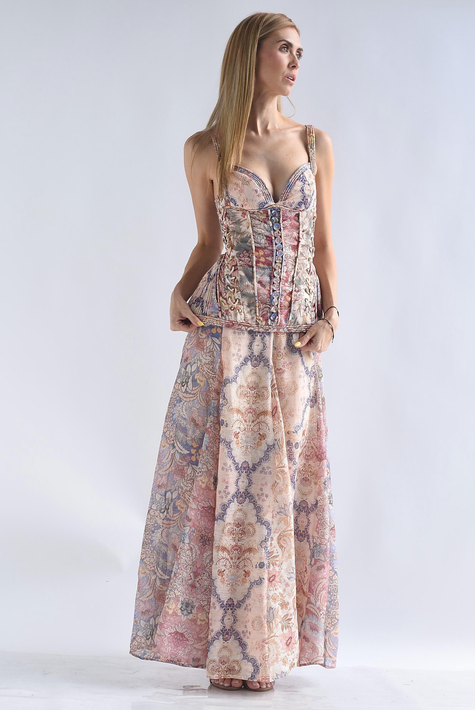 Vestido largo corset peplum floral
