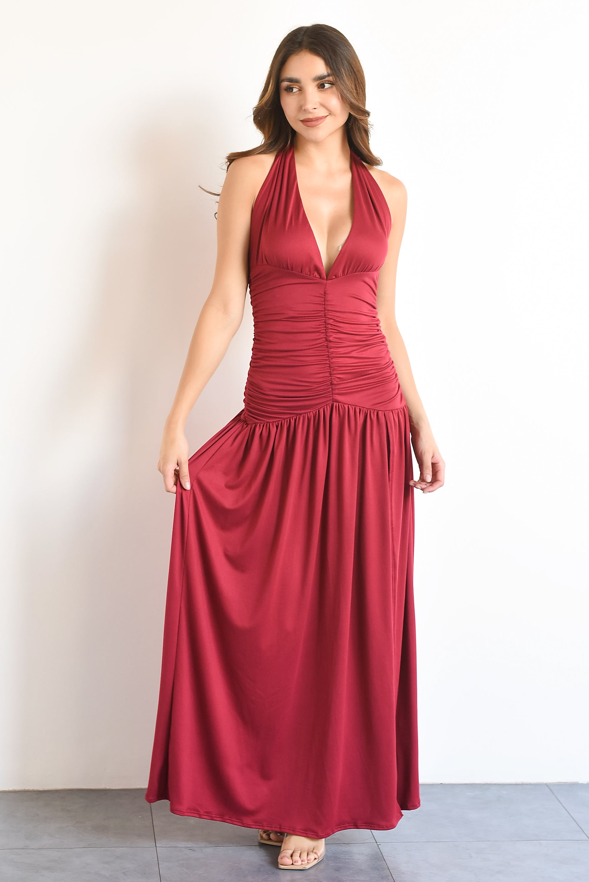 Vestido halter drapeado Vino