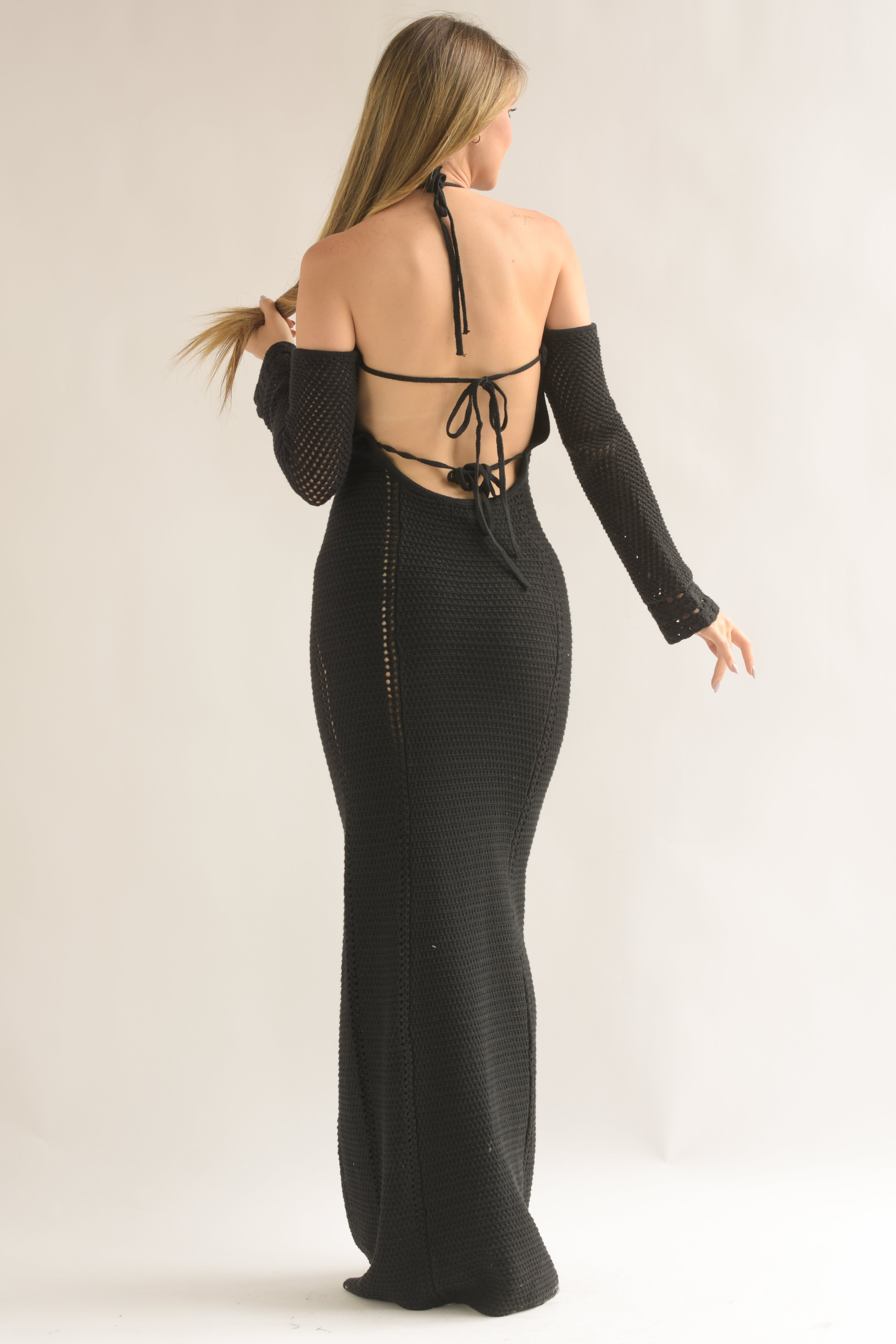 Vestido hombros descubiertos crochet Negro