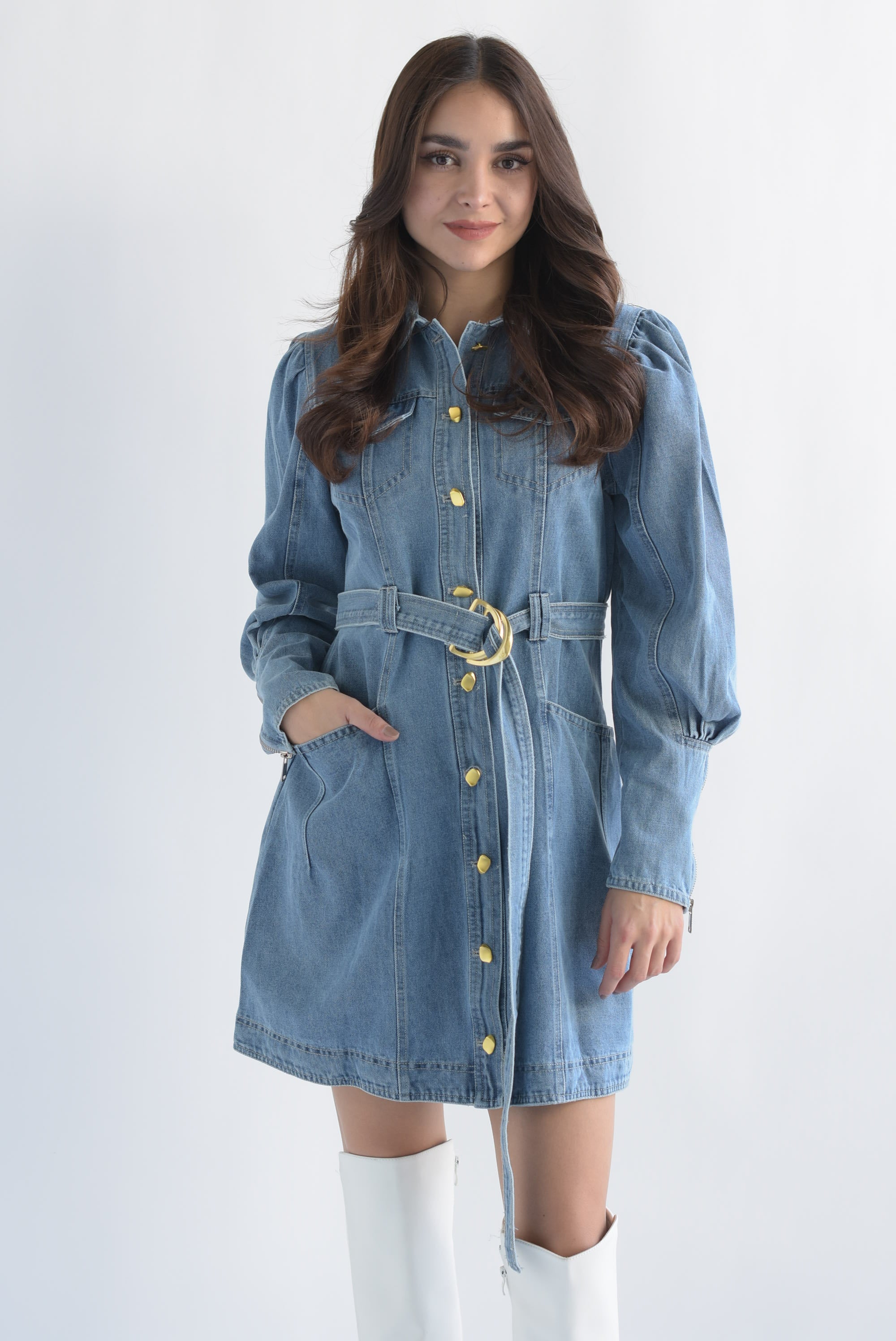 Vestido manga globo cierre Denim Light