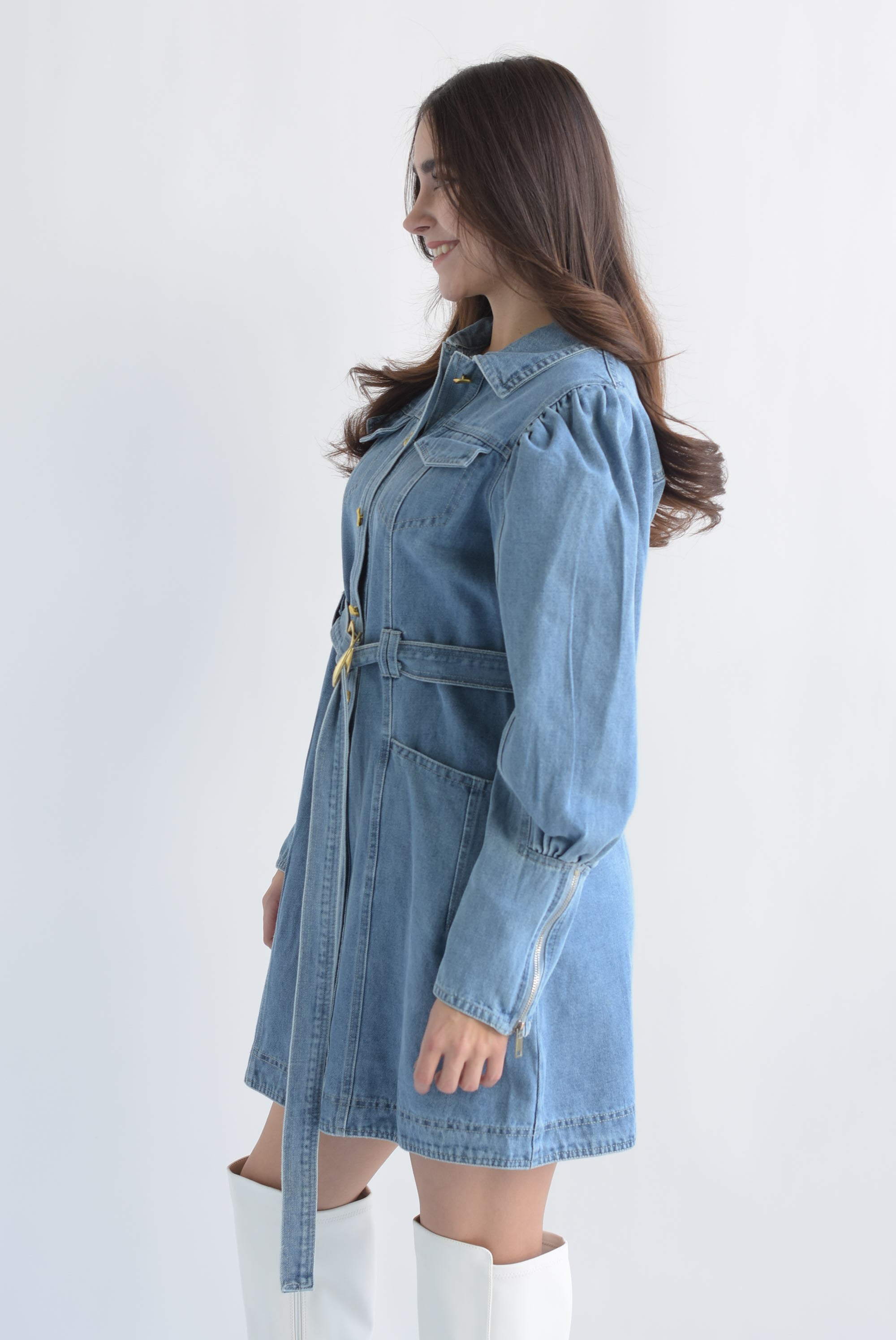 Vestido manga globo cierre Denim Light