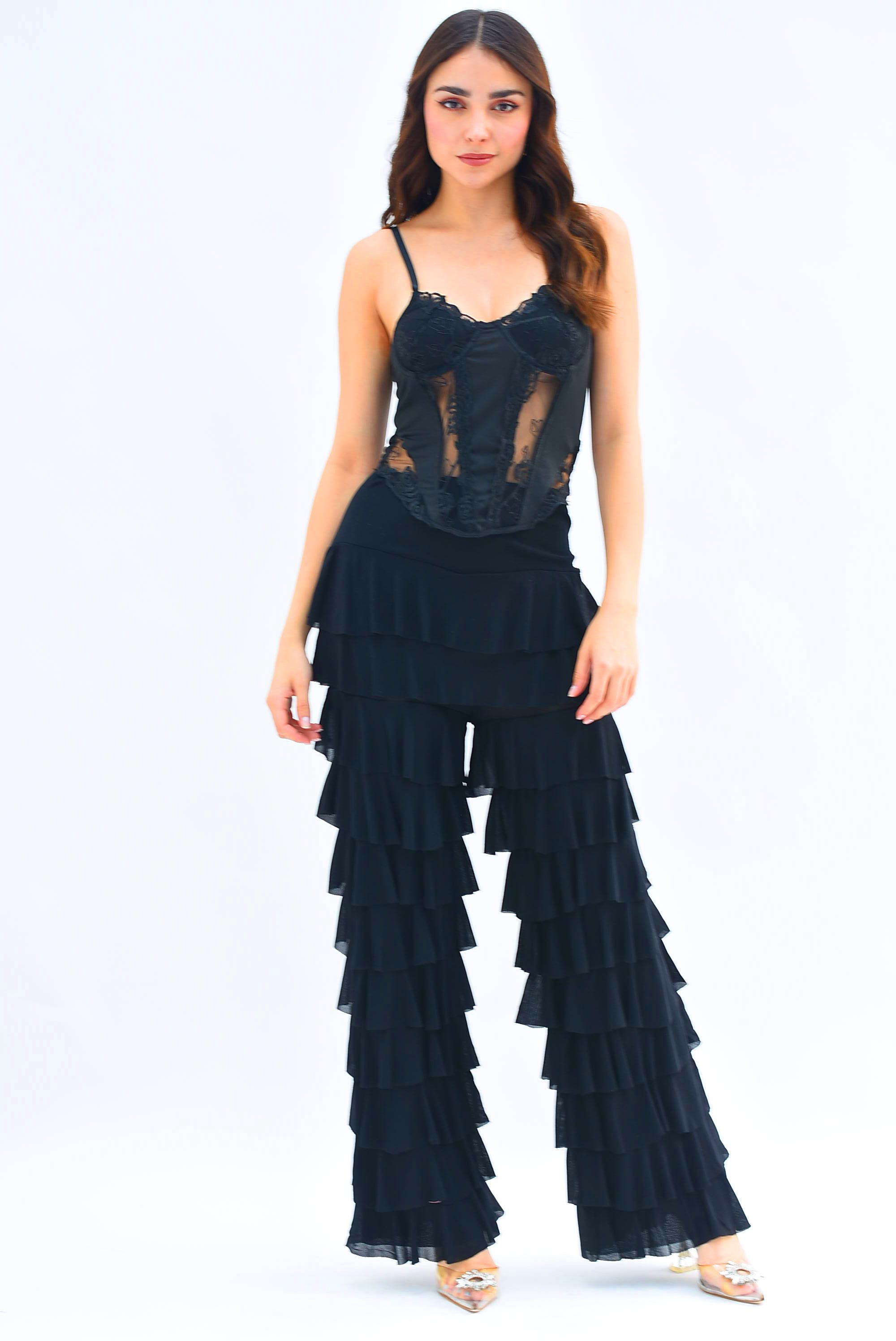 Corset encaje flores Negro