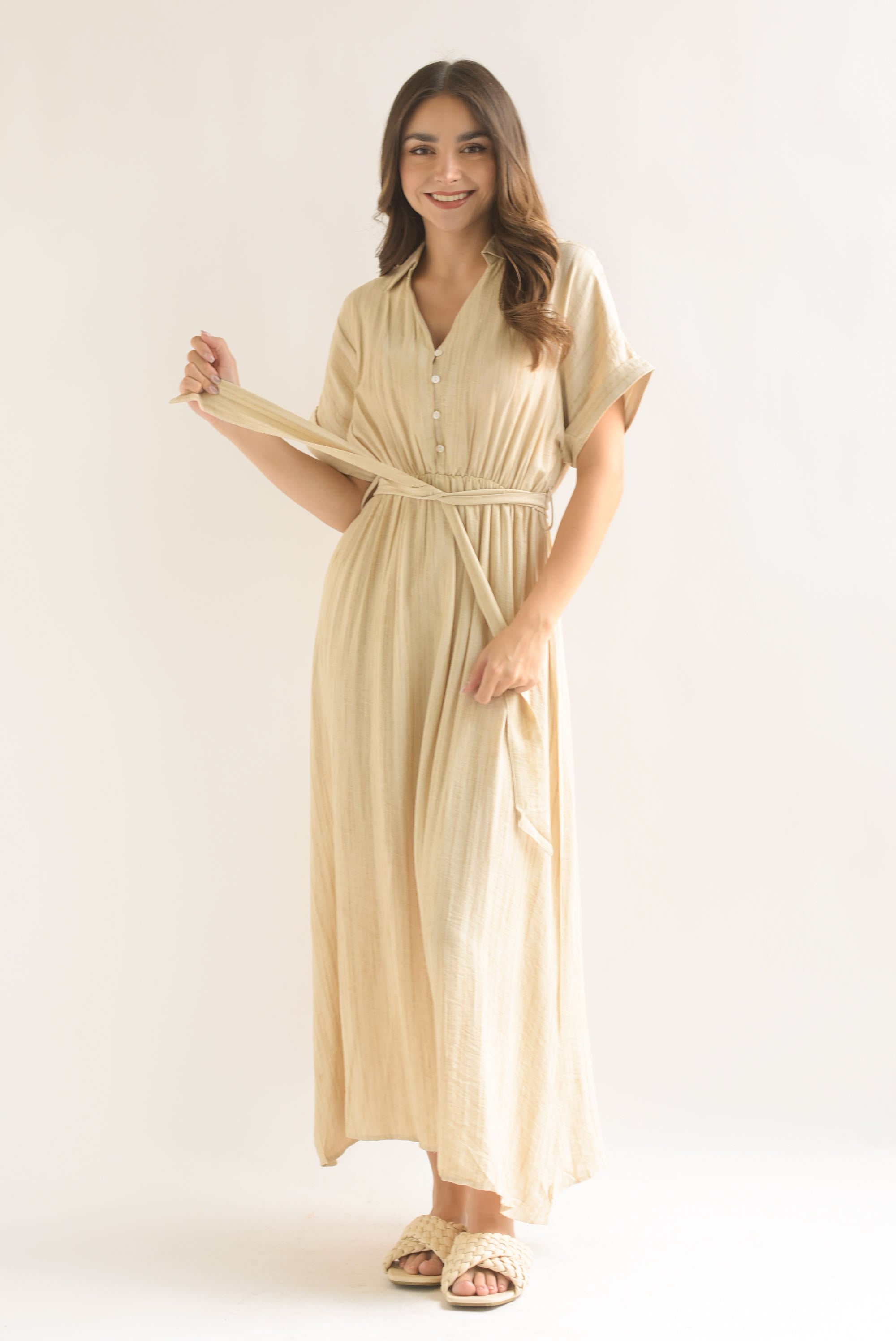 Vestido camisero simulación lino Beige