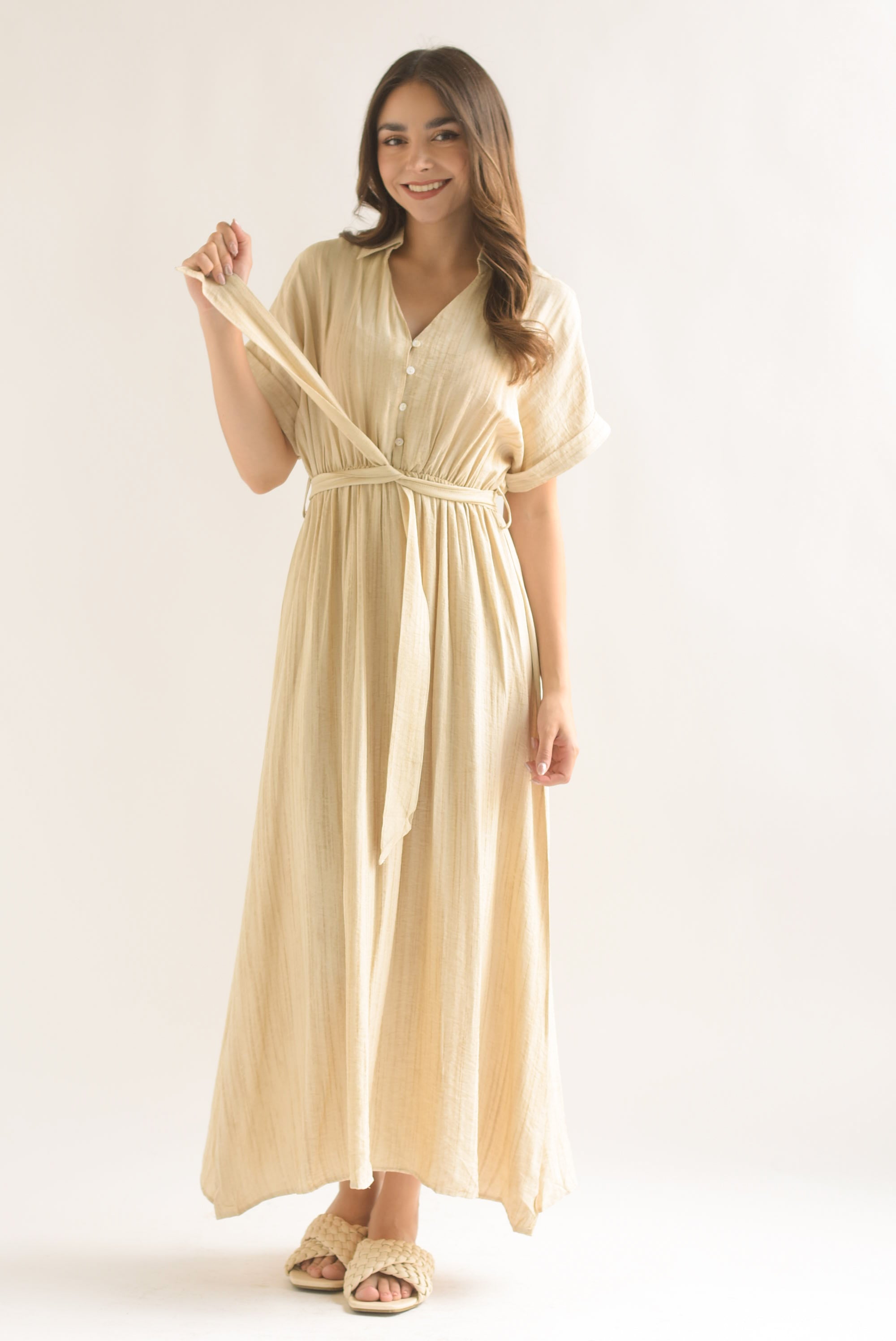 Vestido camisero simulación lino Beige