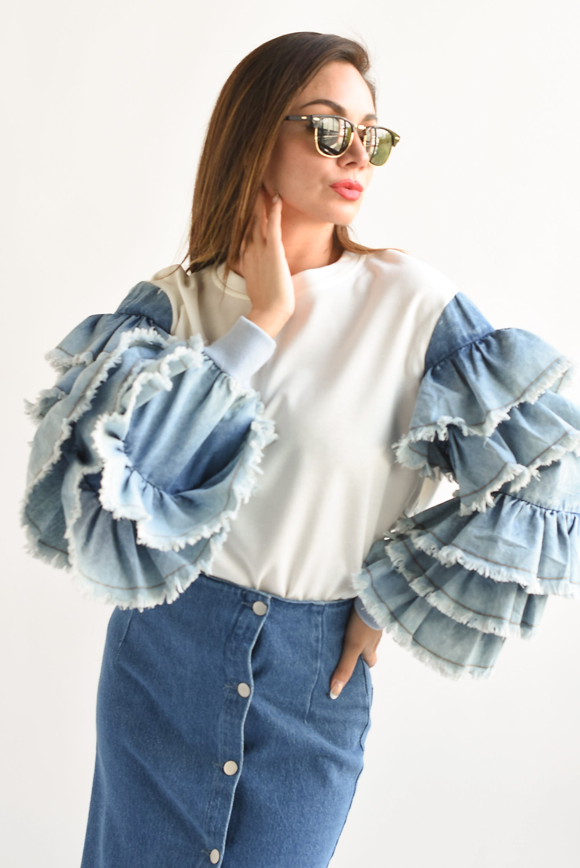 Blusa manga Denim escarola Blanco