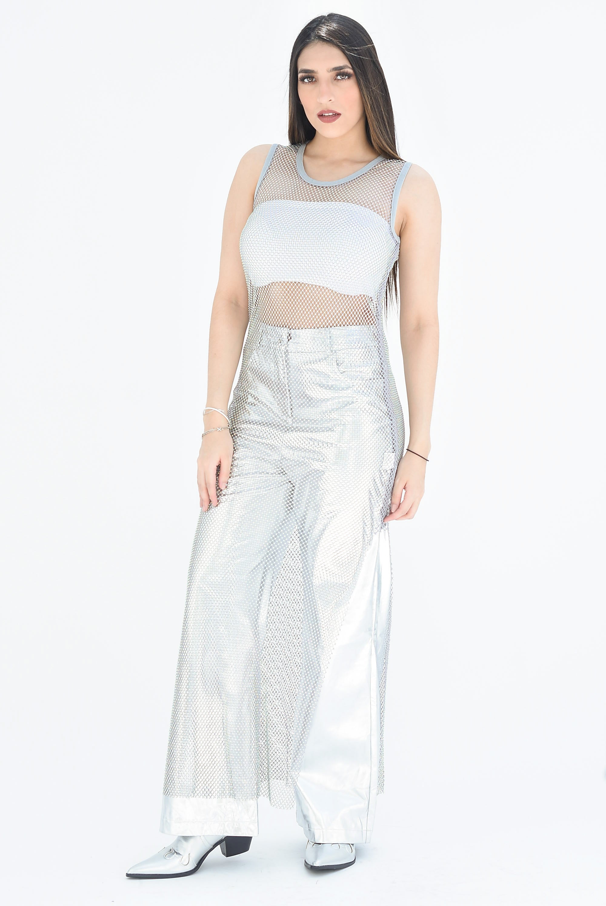 Vestido largo red brillos Gris