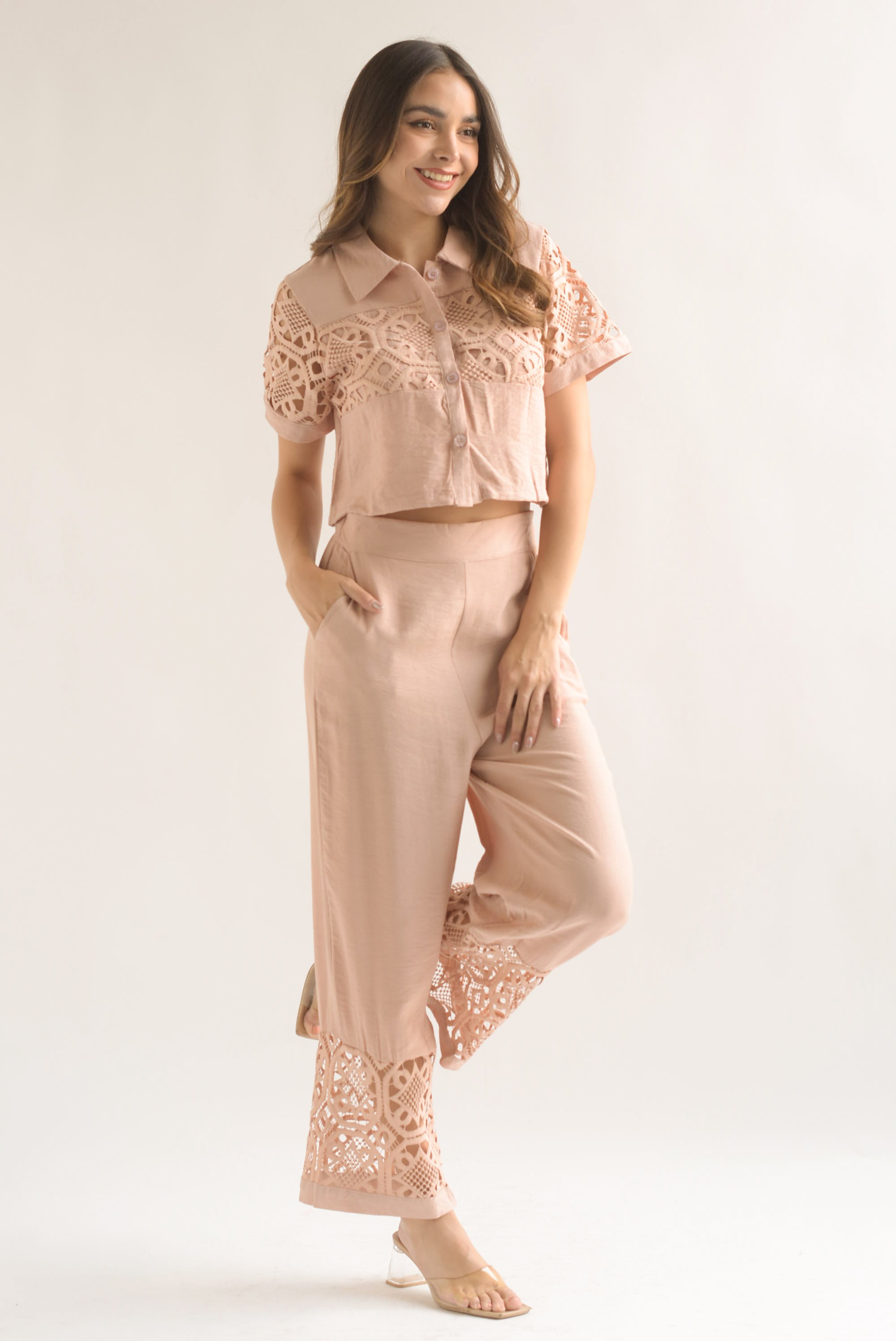 Set Pantalón y Blusa tira guipur Blush