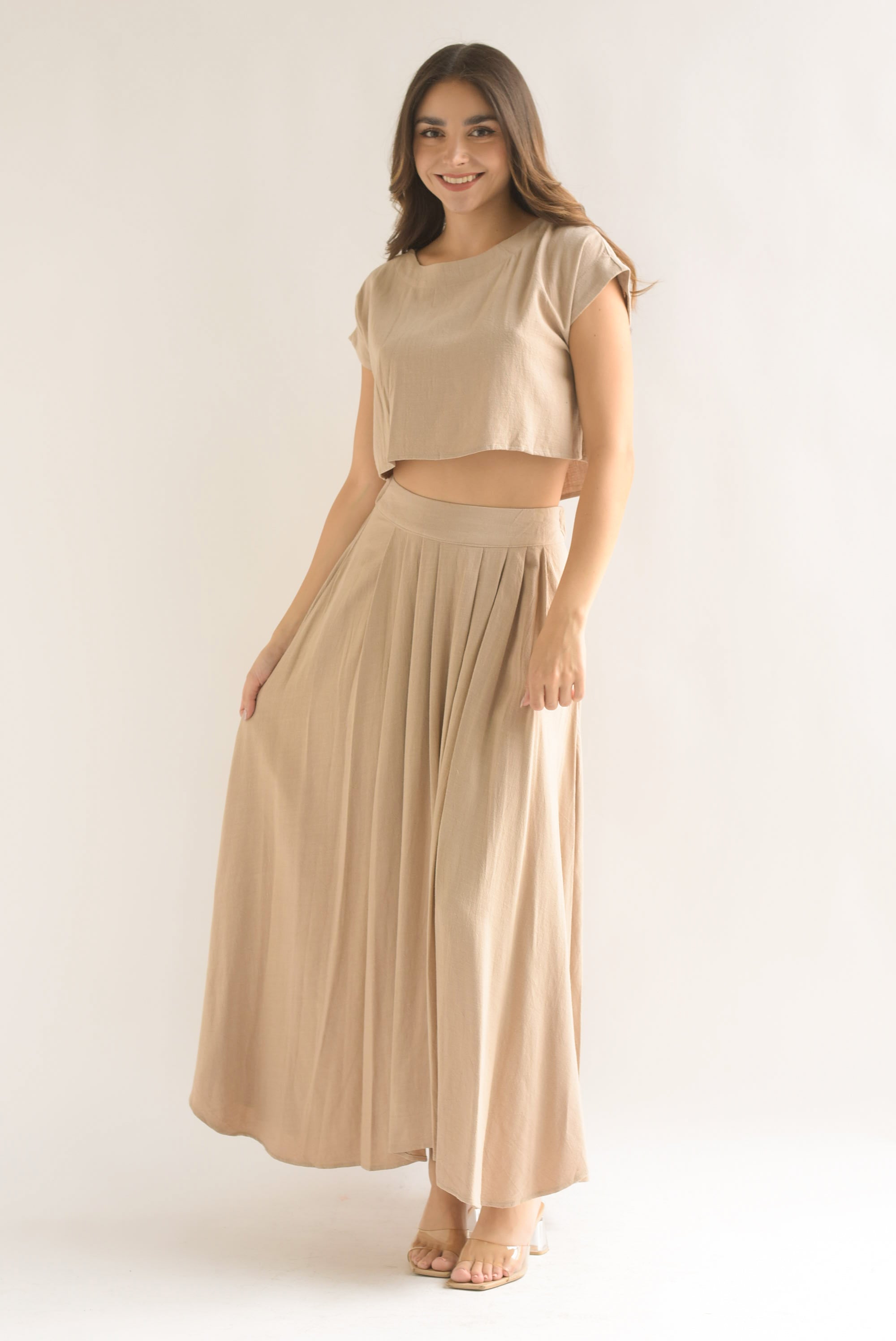 Set Falda pinzas y Blusa corta lino Crudo