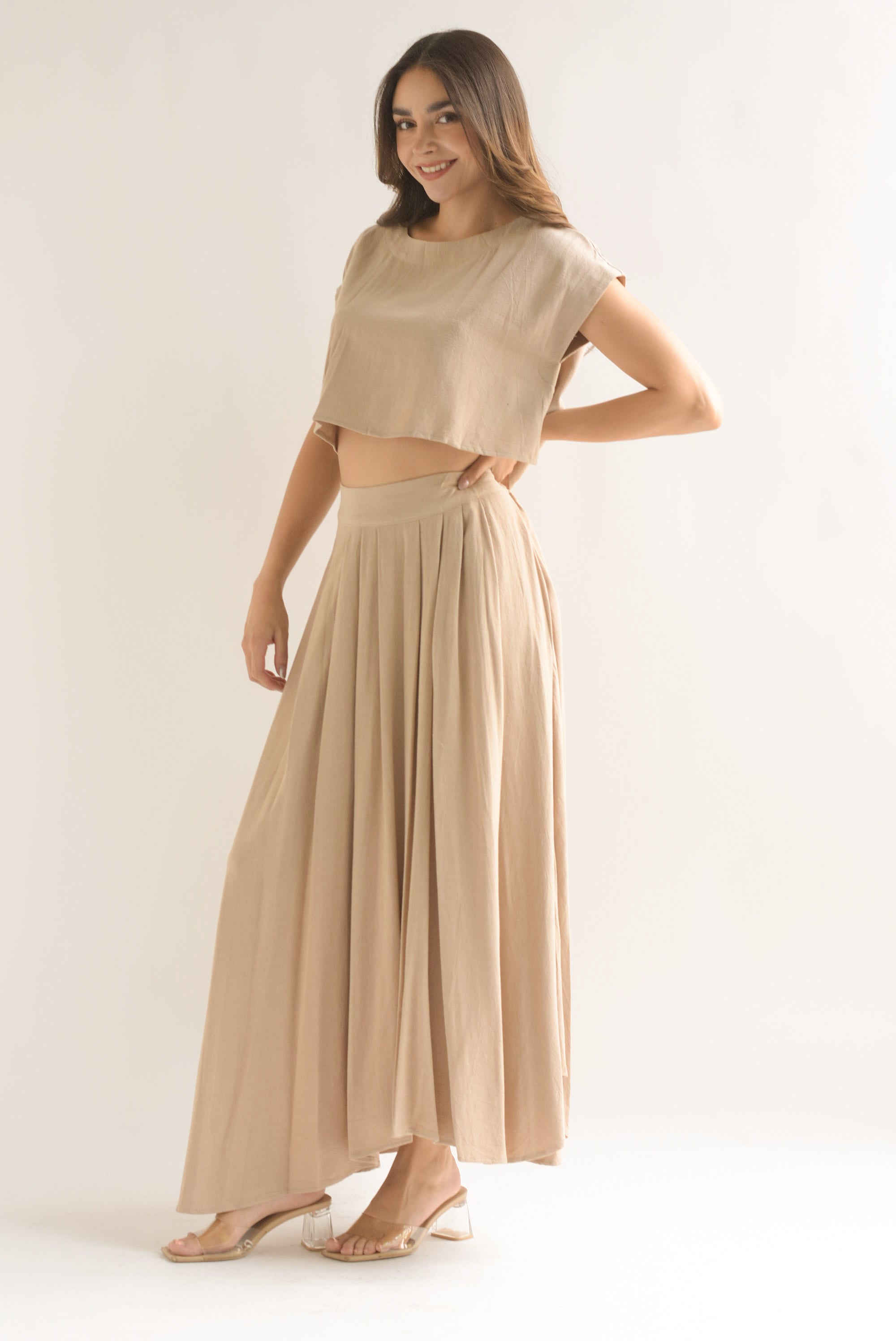 Set Falda pinzas y Blusa corta lino Crudo