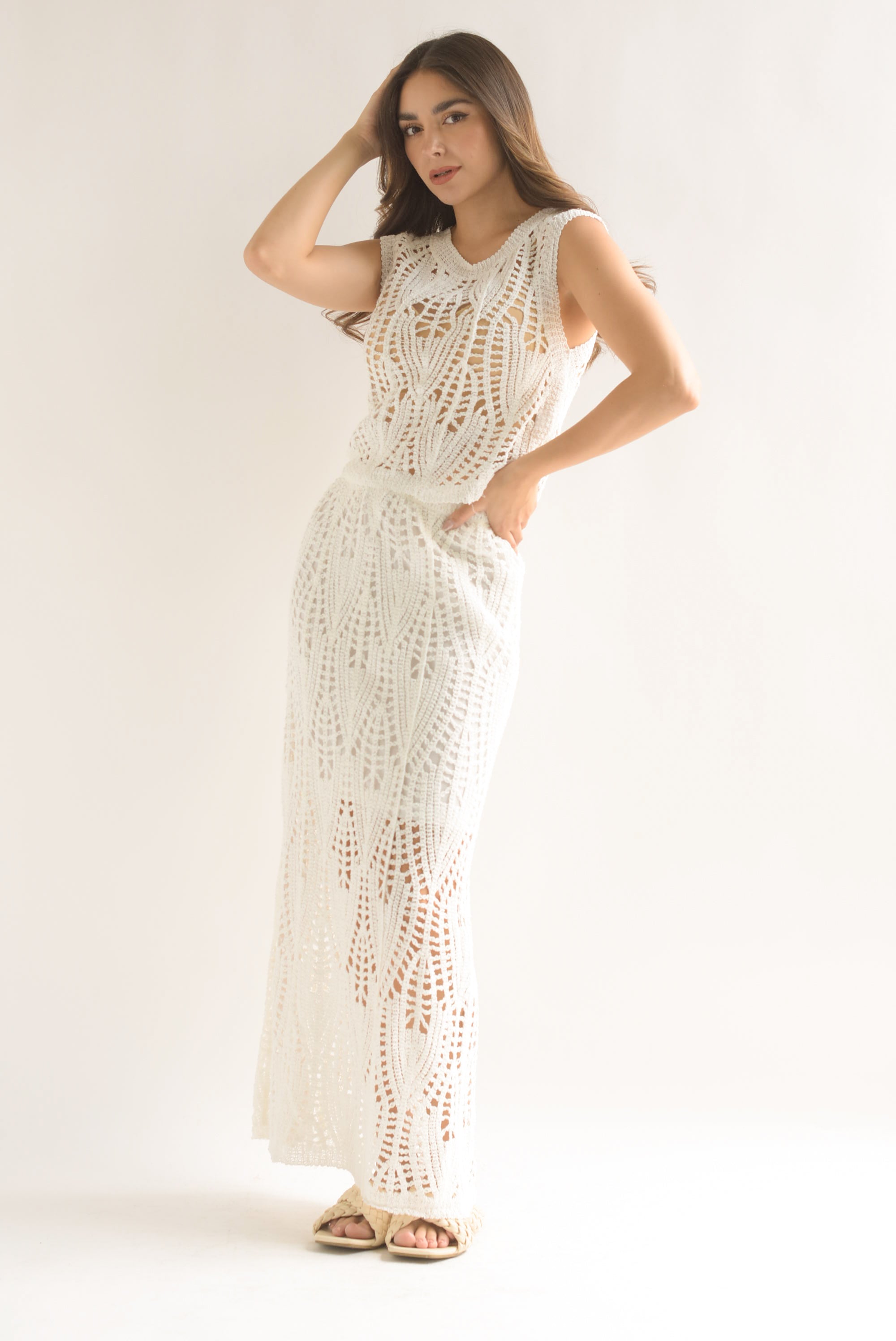 Set Falda larga y Blusa crochet Blanco