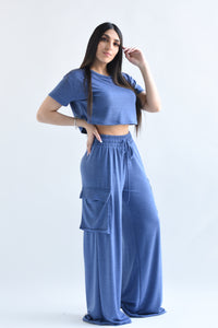 Fashion Styled Set Pantalón cargo y T-Shirt crop Azul Denim