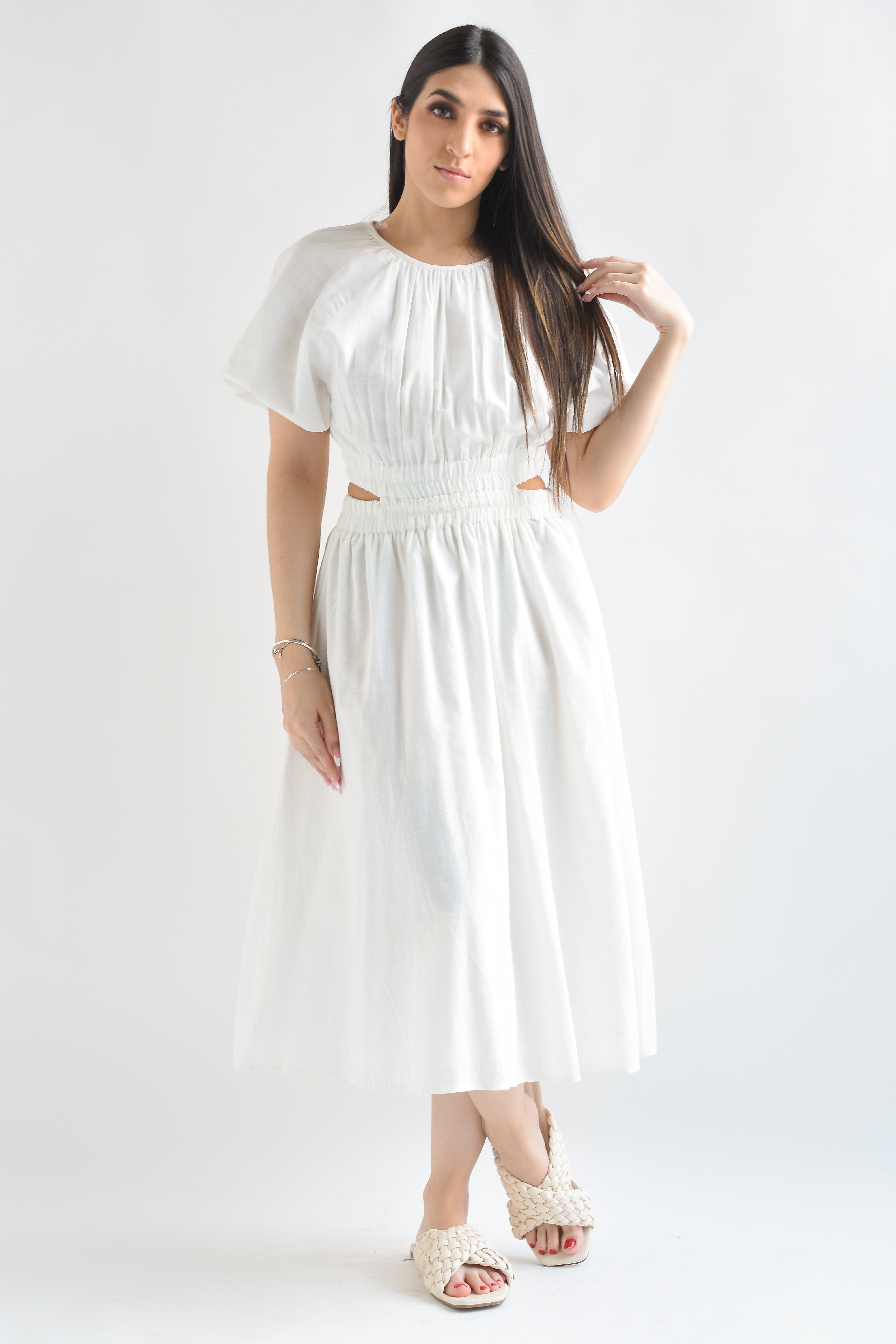 Vestido lino cut-out espalda Blanco