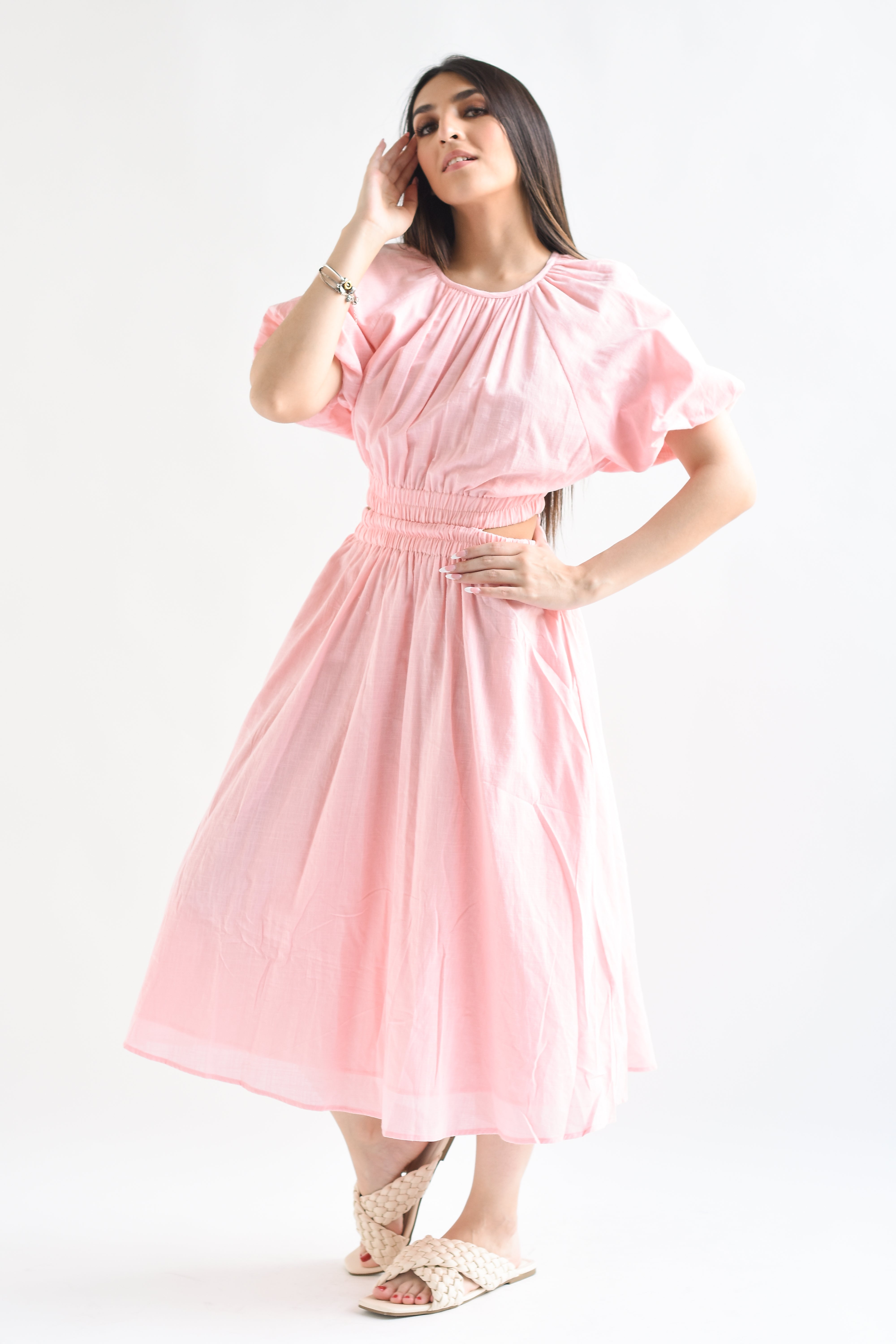 Vestido lino cut-out espalda Rosa
