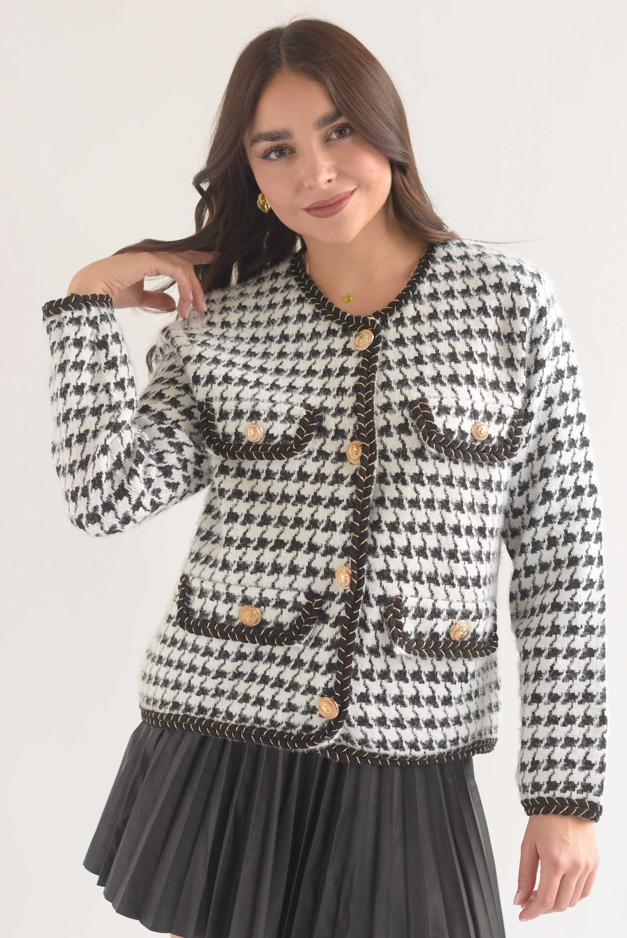 Sweater tipo saco pelo houndstooth Blanco