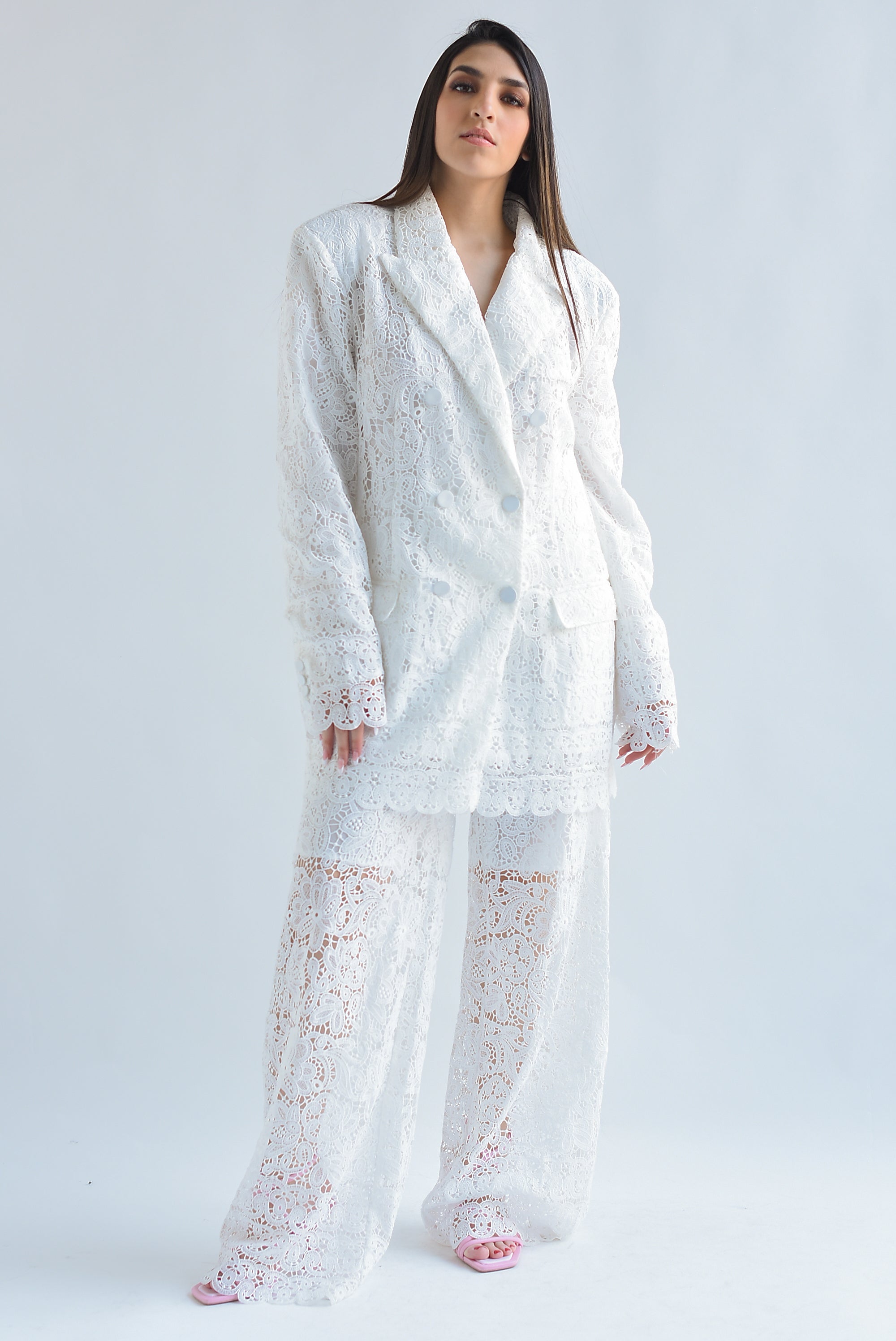 Set Pantalón y Blazer guipur Blanco