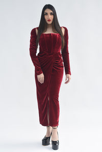 Fashion Styled Vestido terciopelo drapeado Rojo Cereza