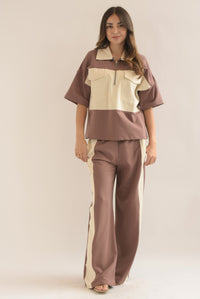 Fashion Styled Set Pantalón y Blusa algodón franjas denim Moka