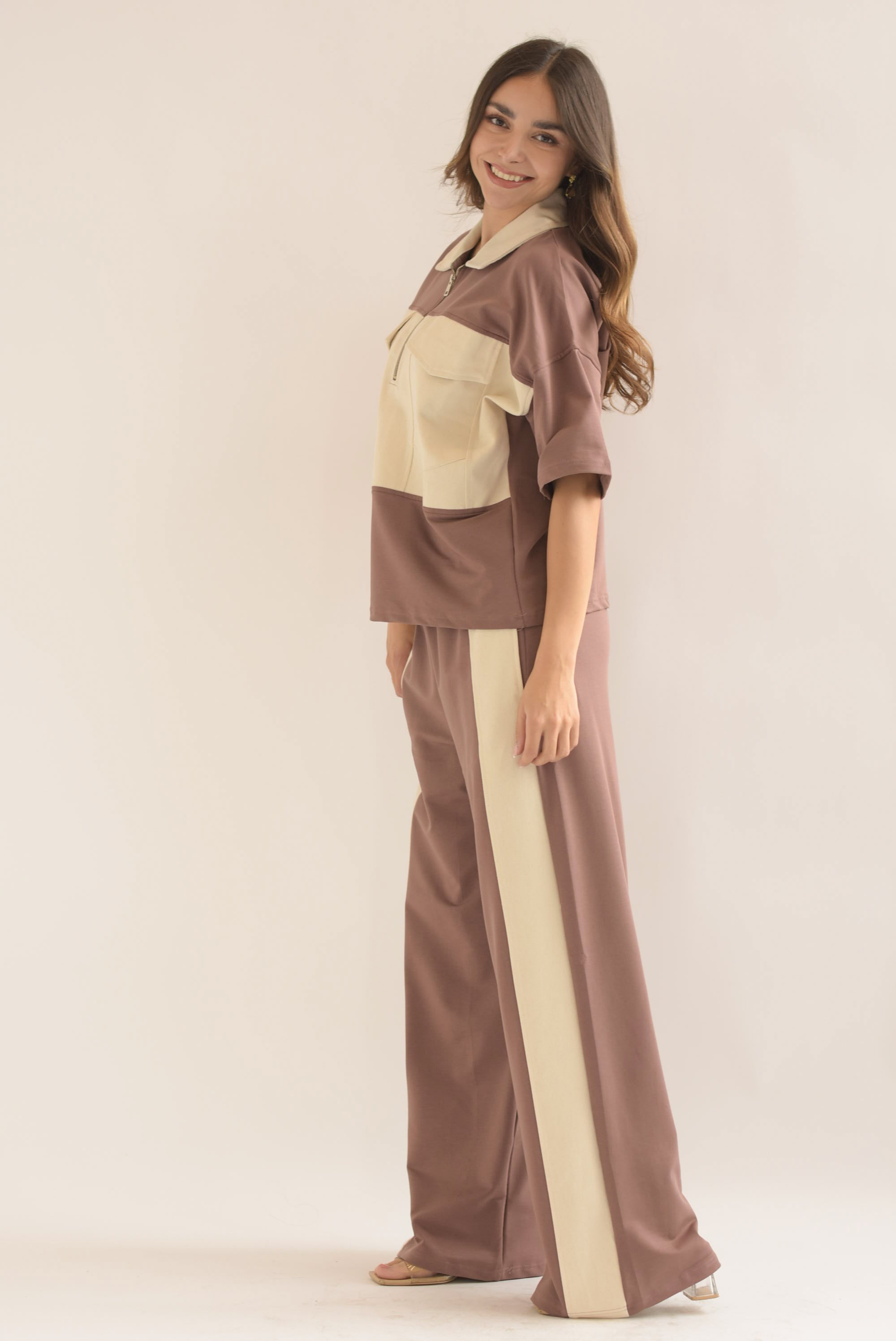 Set Pantalón y Blusa algodón franjas denim Moka