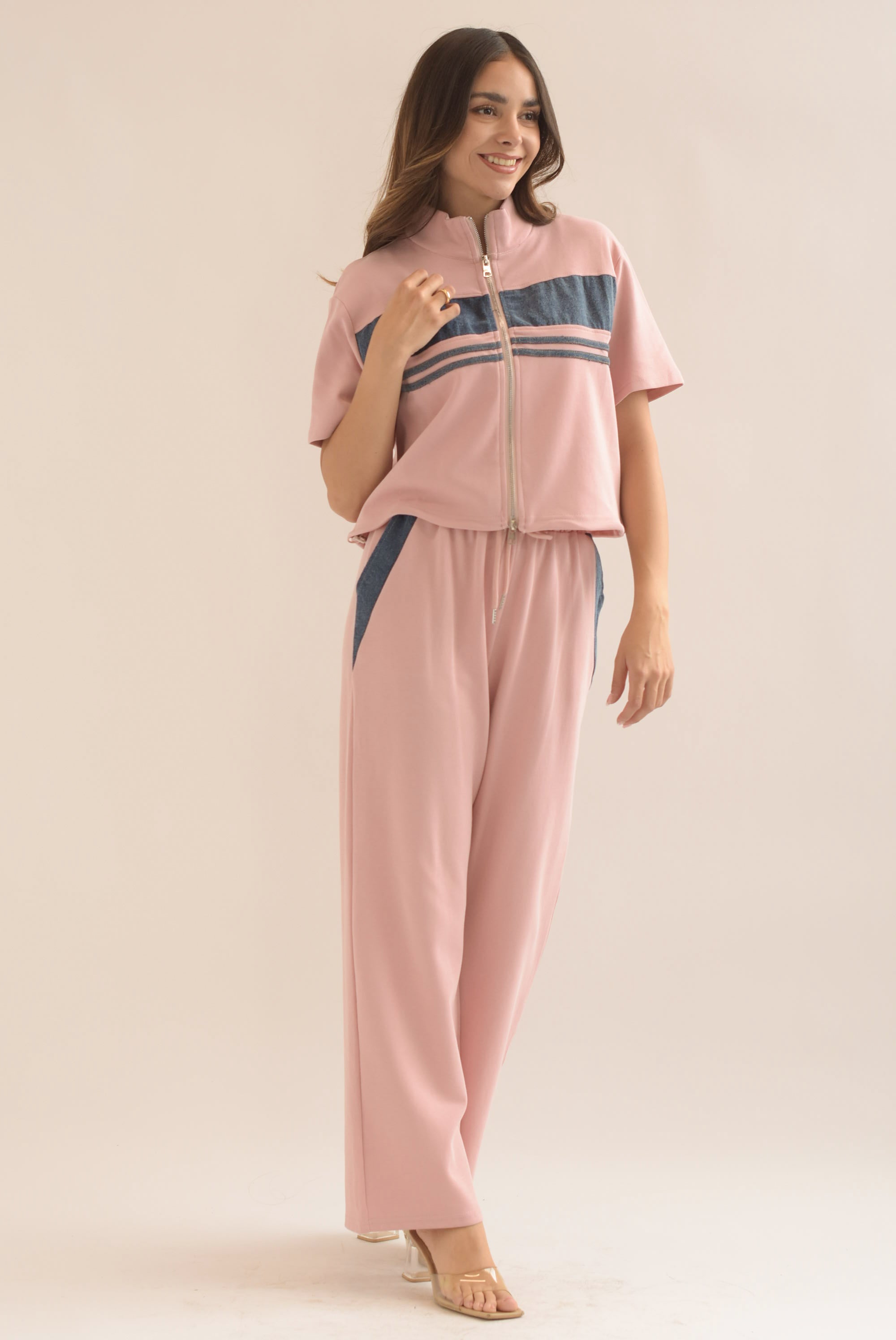 Set Pantalón y Chamarra manga corta franjas denim Rosa
