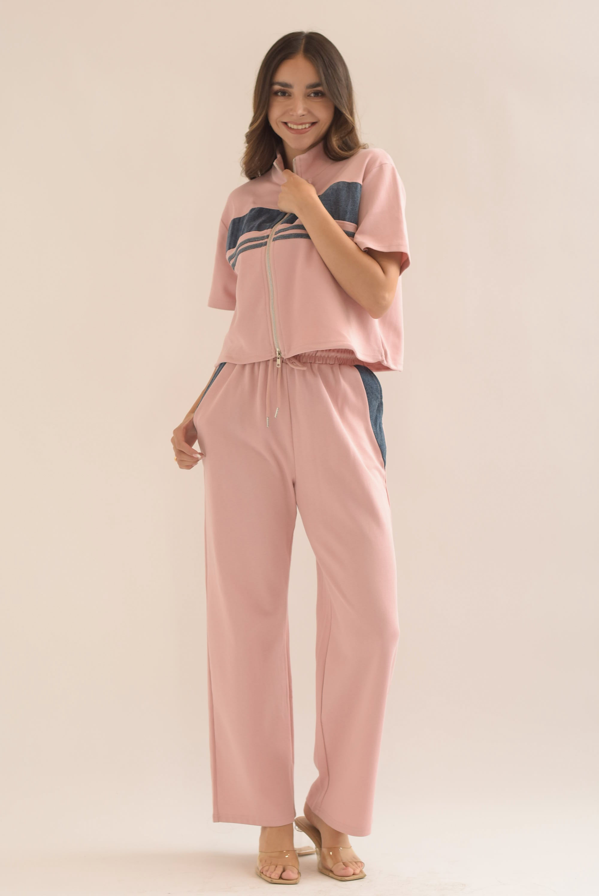 Set Pantalón y Chamarra manga corta franjas denim Rosa