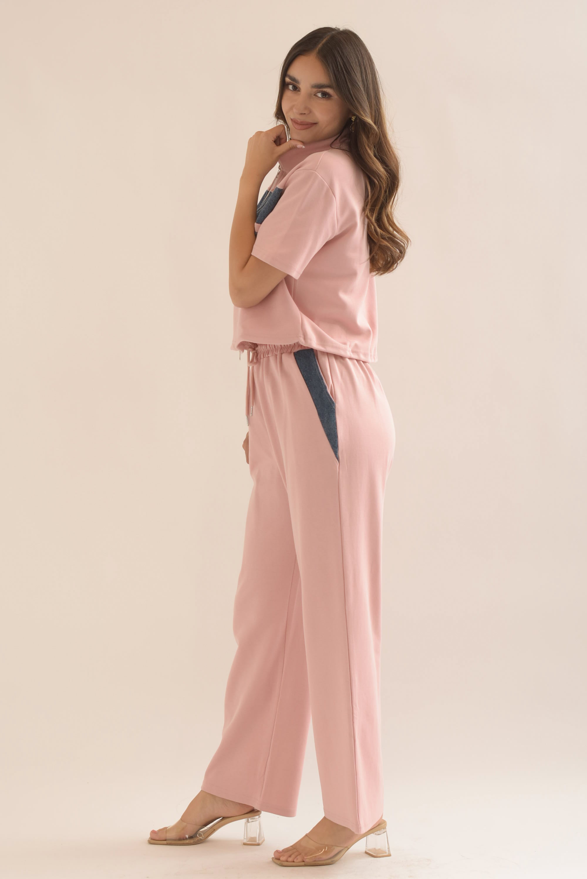 Set Pantalón y Chamarra manga corta franjas denim Rosa