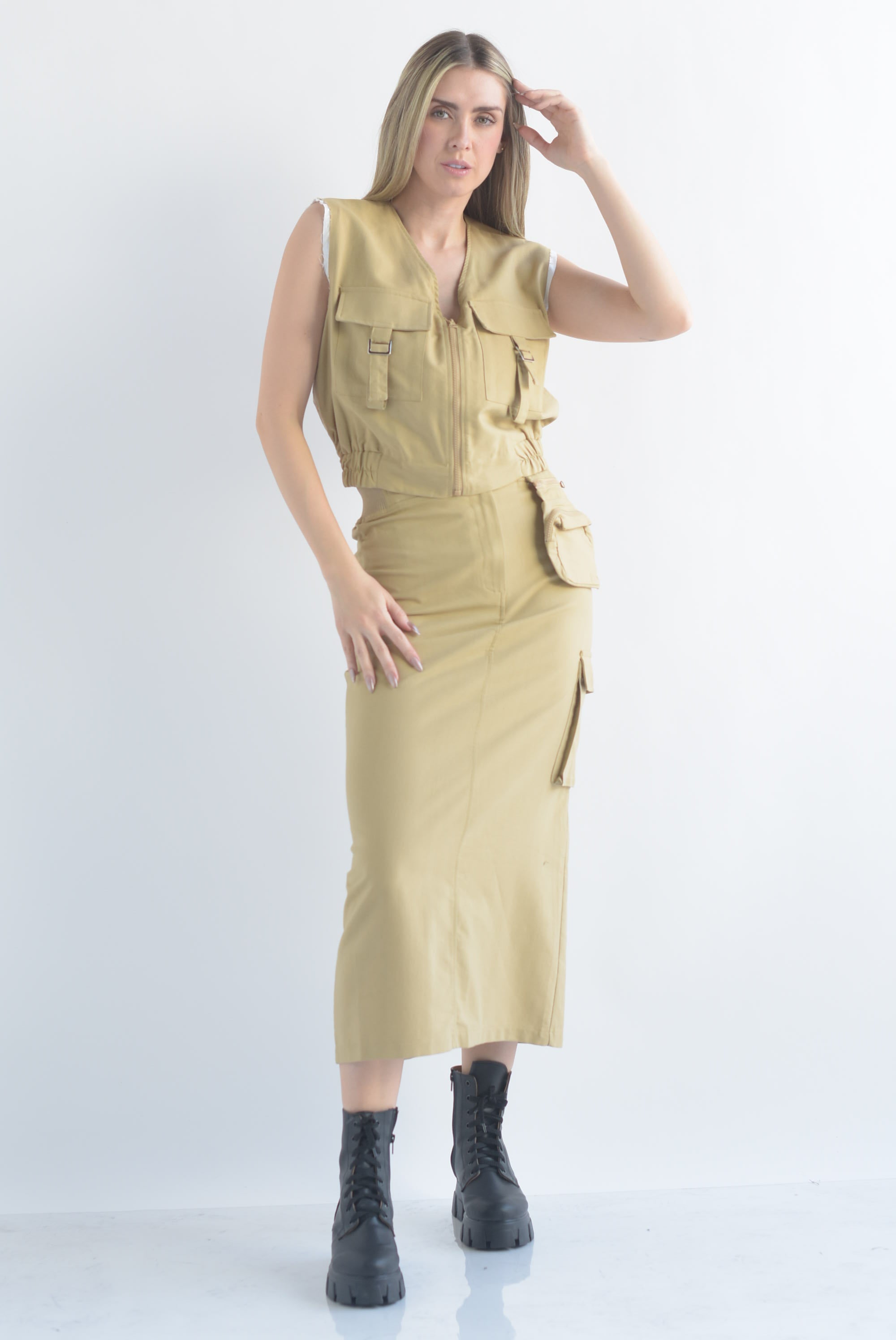 Set de Falda larga y Chaleco cargo Kaki