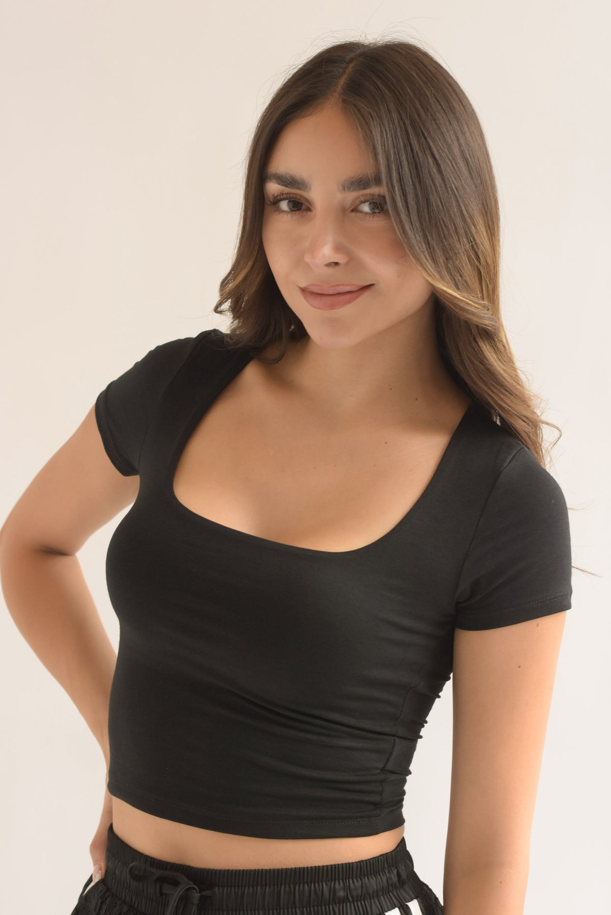 Top algodón stretch manga corta Negro