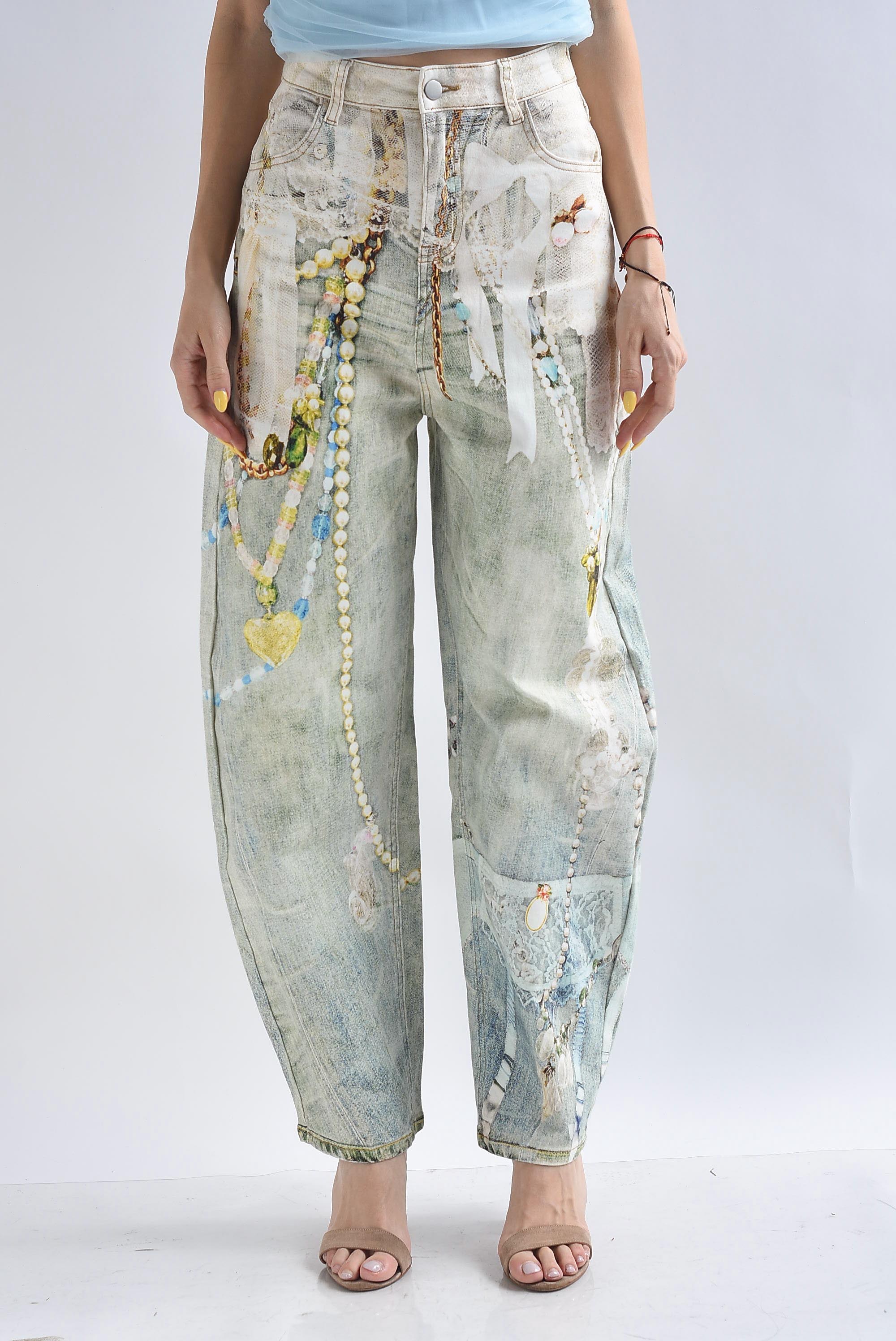 Jeans barrel print encaje y perlas