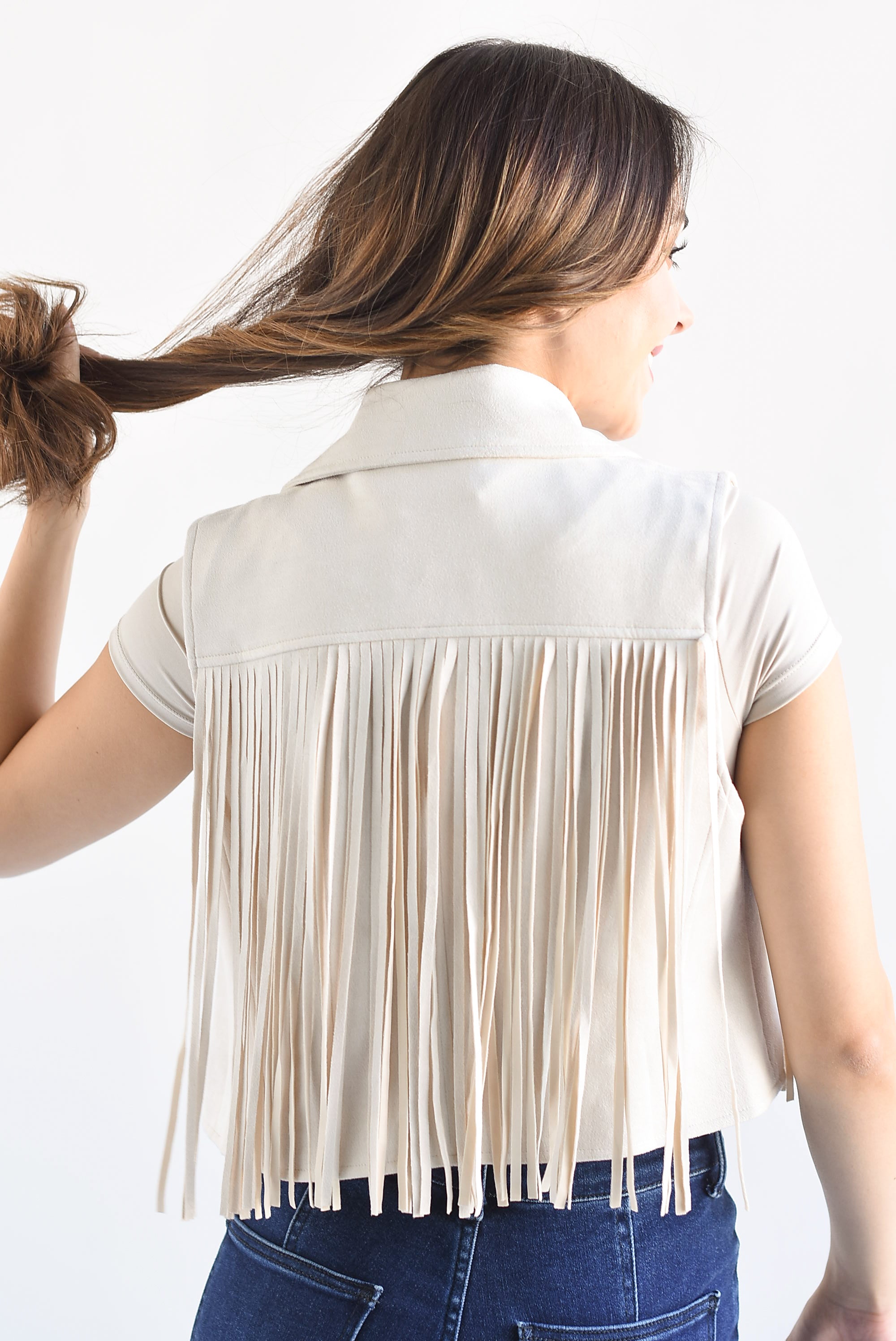 Chaleco solapa flecos suede Ivory