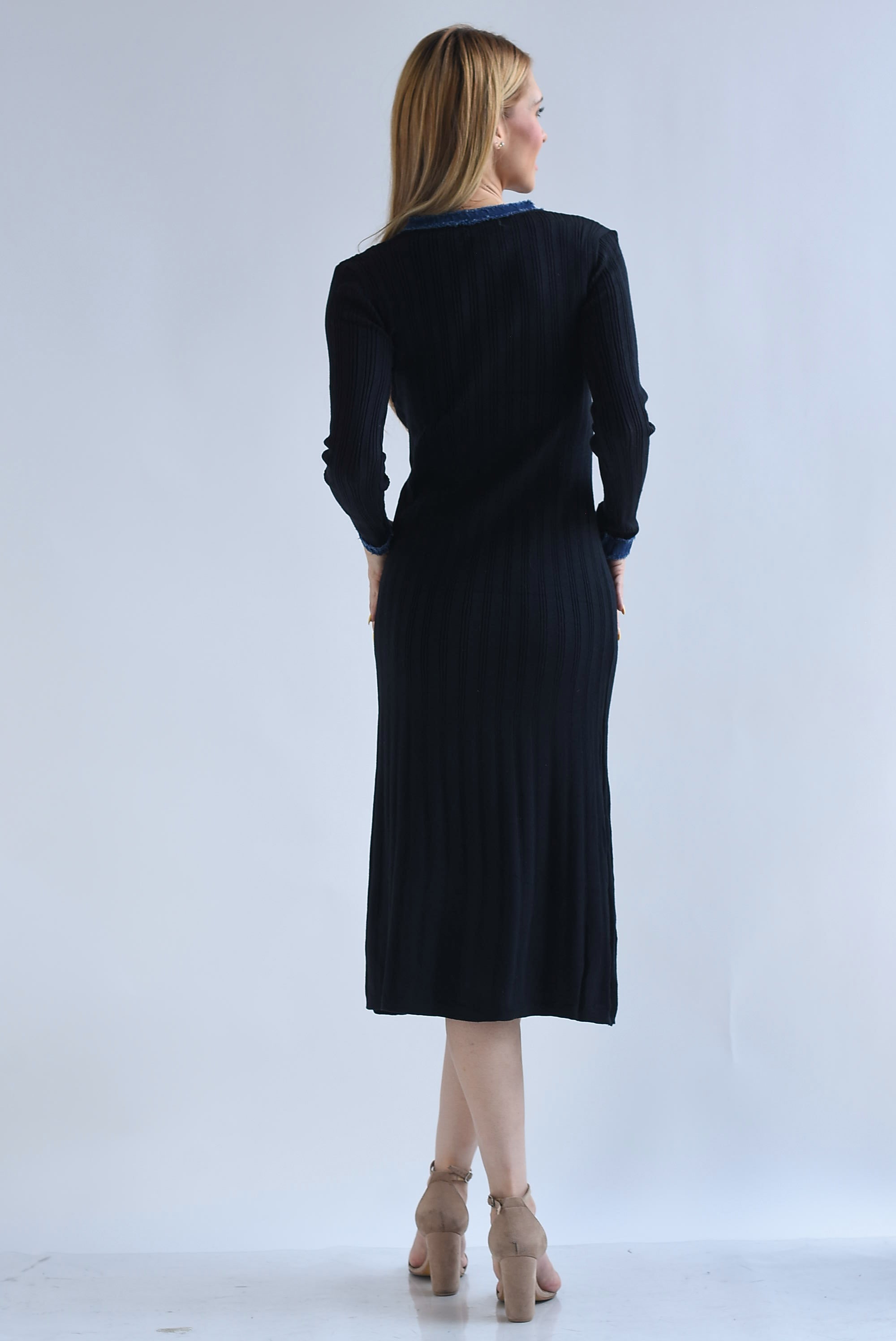 Vestido punto manga larga filo Denim