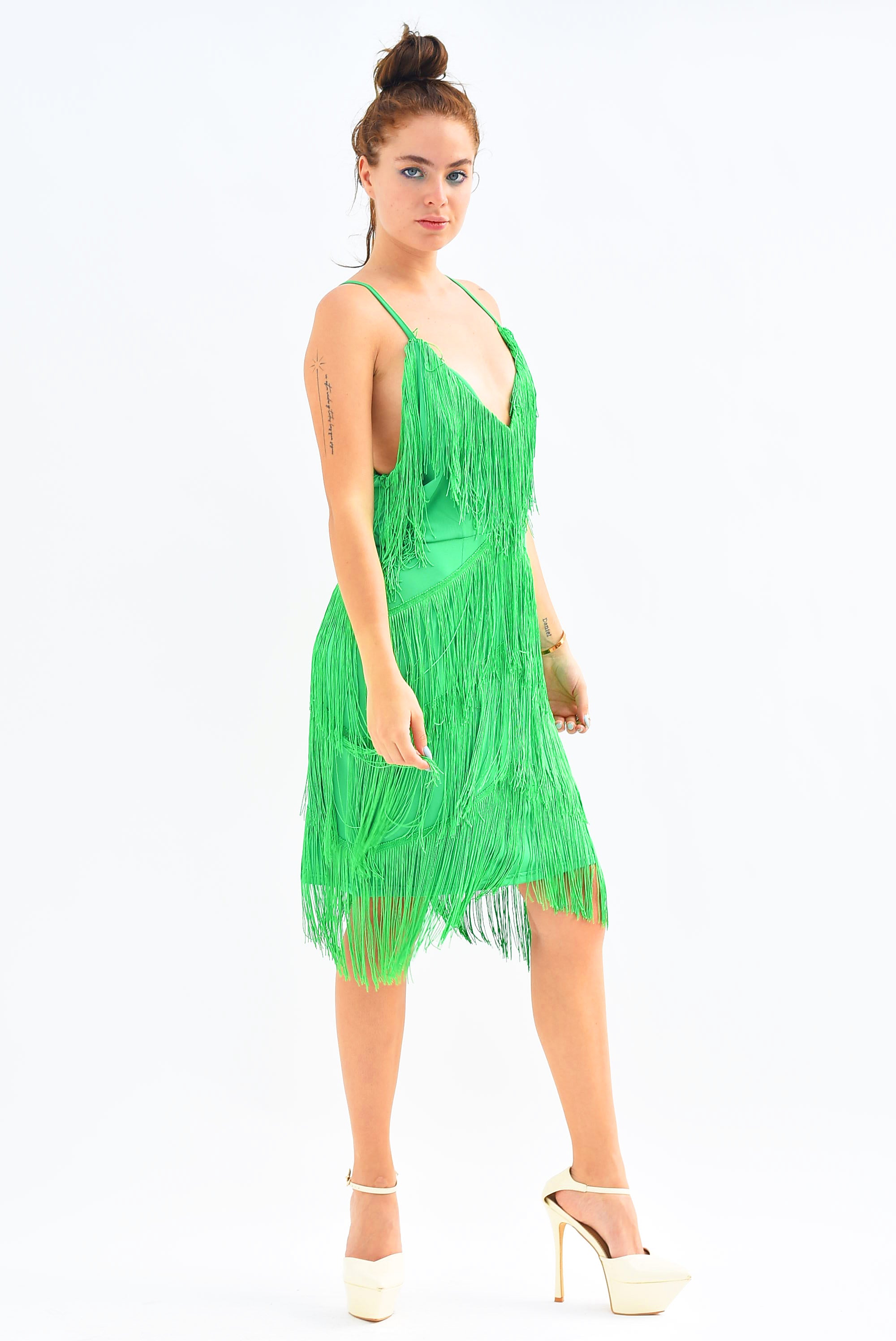 Vestido tirantes flecos Verde