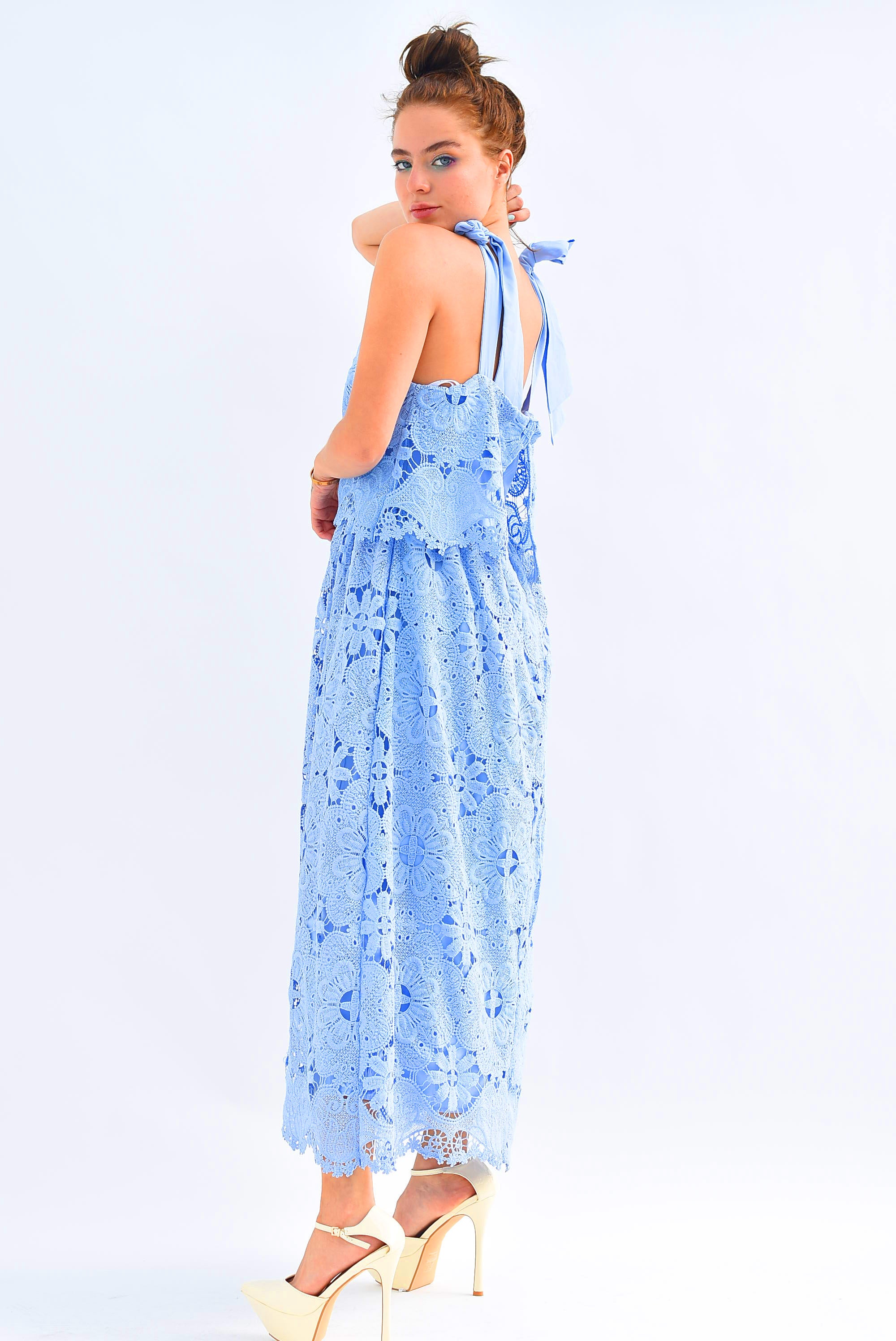 Vestido guipur tirantes listón Azul