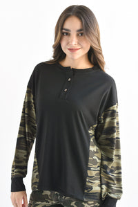 Fashion Styled T-Shirt manga larga camuflaje Negro
